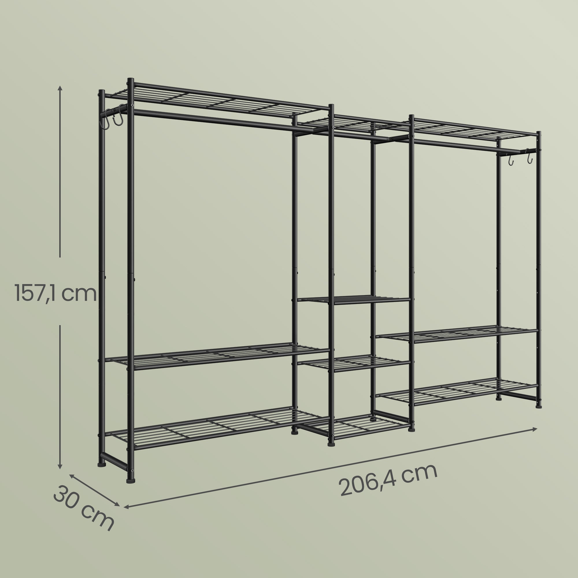 Portemanteau Métallique Ouvert, Armoire avec 3 Tringles et 10 Étagères, pour Chambre, Entrée, Noir - 4