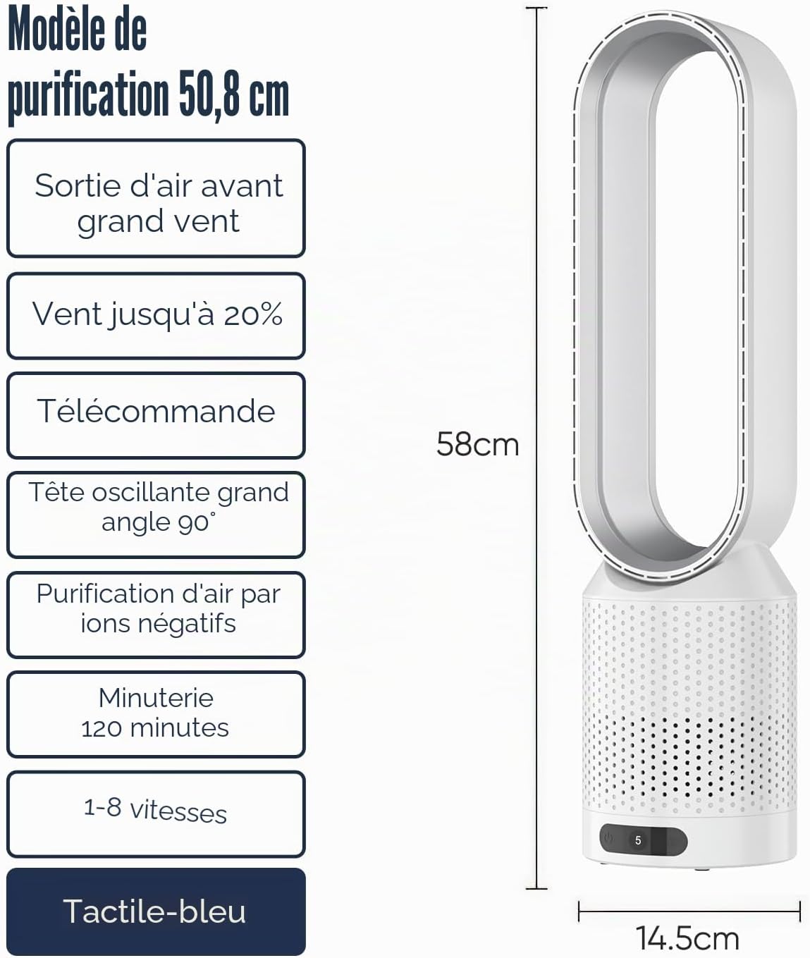 Ventilateur tour 2 en 1,Très silencieux et purificateur d'air,Ventilateur sans rotation,Avec télécommande,8 vitesses,Oscillation à 90°(Argenté) - 2