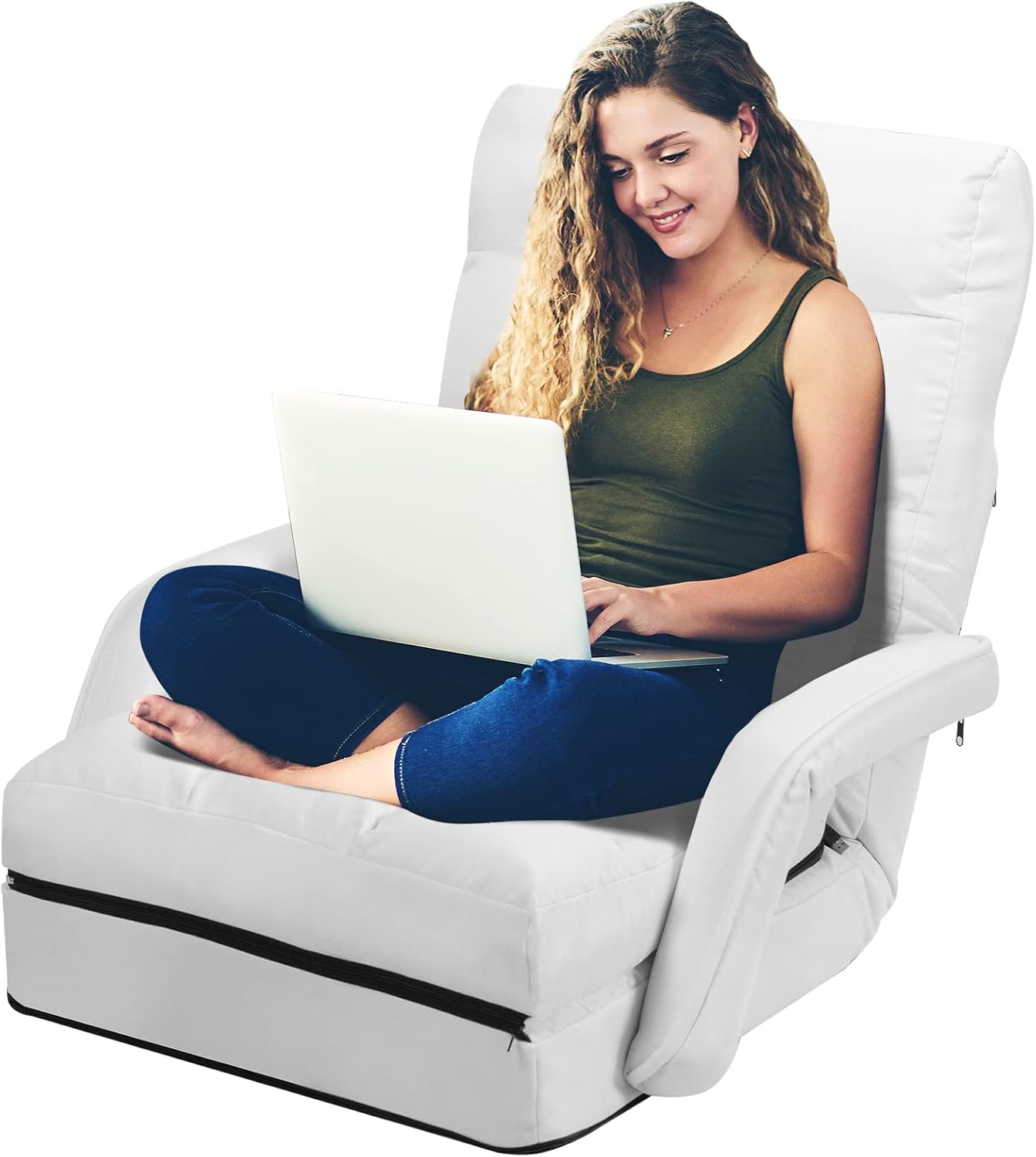 Fotel podłogowy z regulowanym oparciem, fotel wypoczynkowy z pięciostopniową regulacją, fotel, rozkładana leżanka do domu i biura (biały)