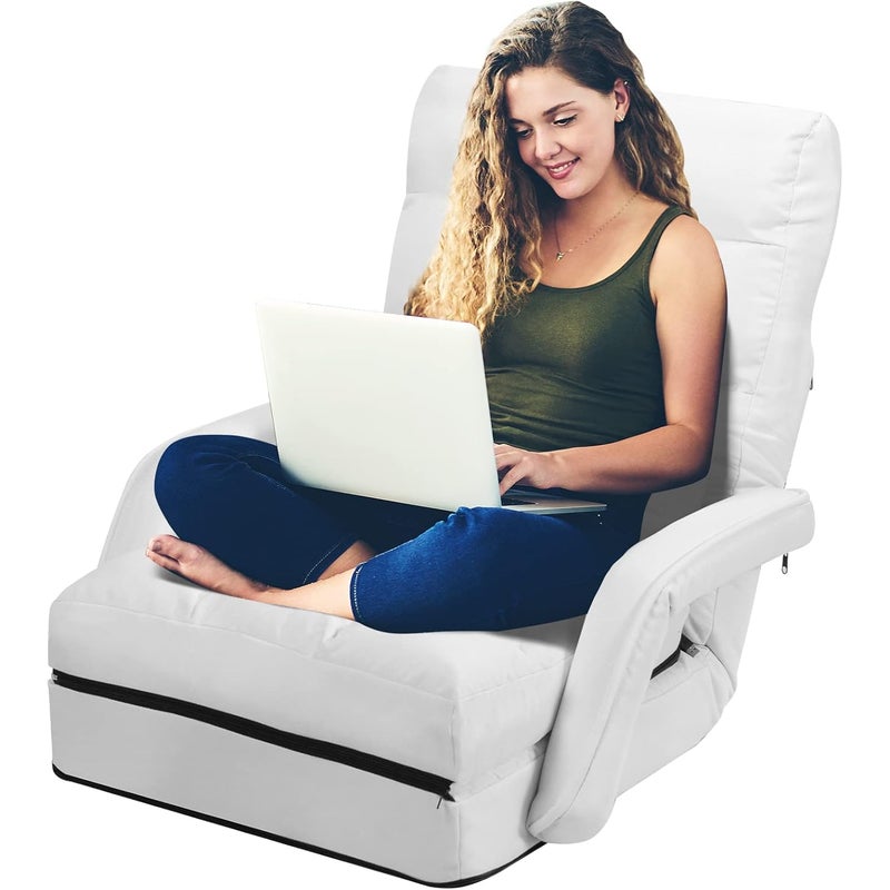 Fotel podłogowy z regulowanym oparciem, fotel wypoczynkowy z pięciostopniową regulacją, fotel, rozkładana leżanka do domu i biura (biały)