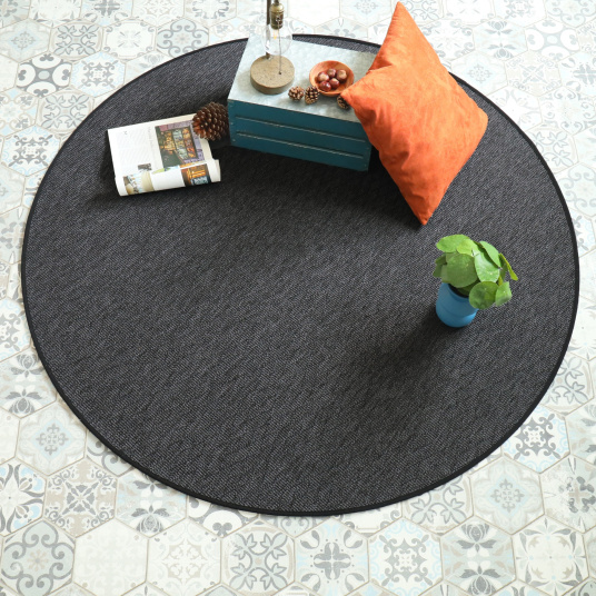 Tapis rond intérieur / extérieur - Timika gris ardoise - Galon noir - Ø 120 cm