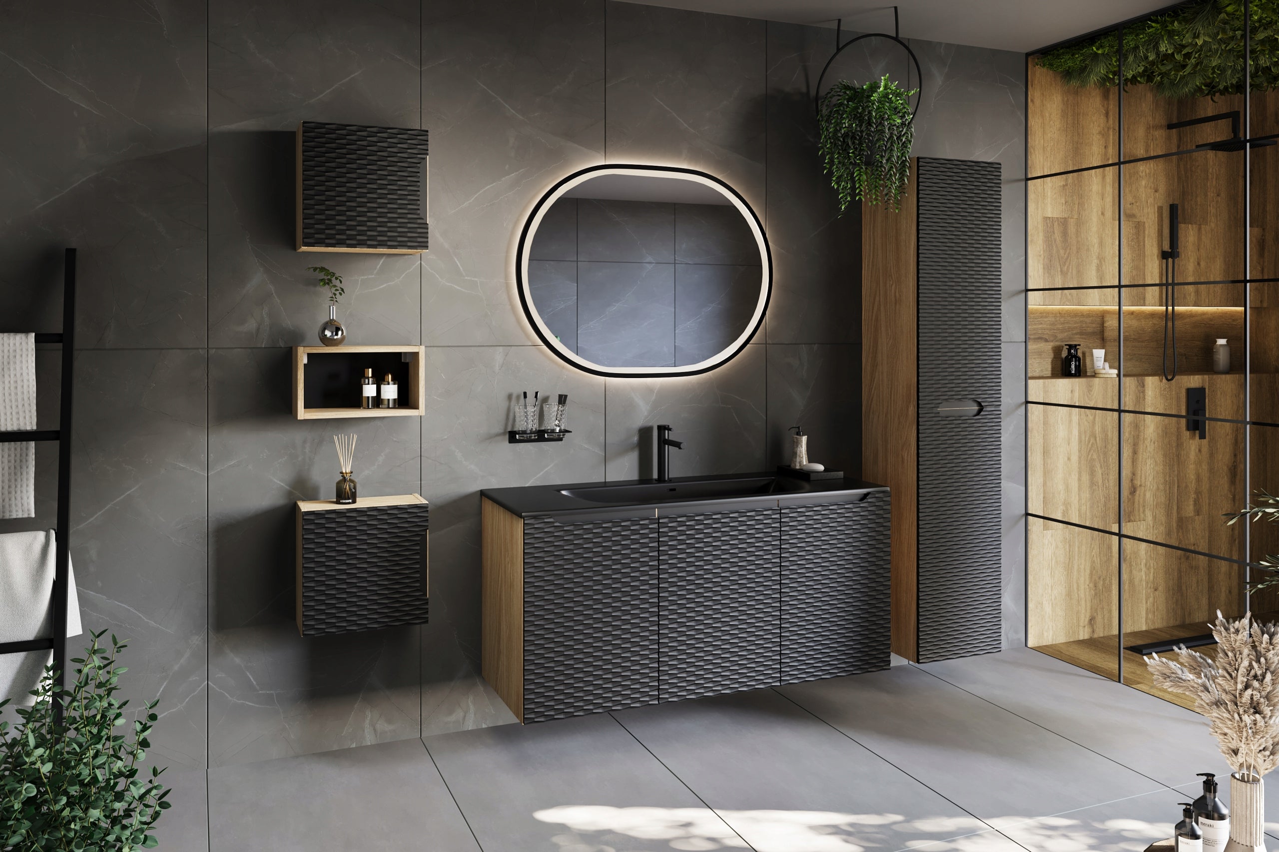 Słupek łazienkowy OCEAN 170 cm czarny dąb olejowany front 3D MDF wiszący 1 drzwi