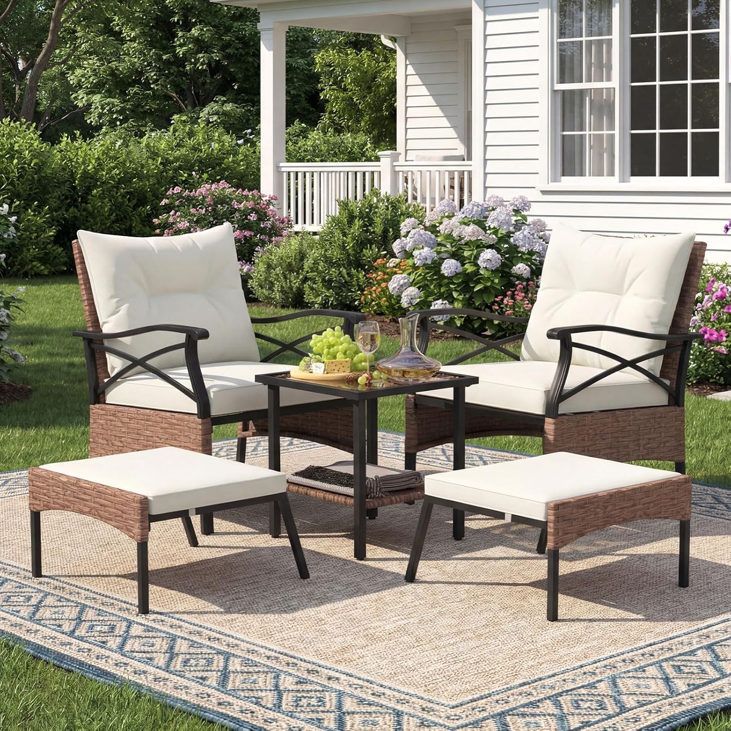 GIANTEX Conjunto Móveis Pátio 5 Peças em Rattan, 2 Cadeiras 2 Pufs e 1 Mesa Baixa Tampa Vidro Temperado Almofadas, para Pátio Quintal, Bege - 9
