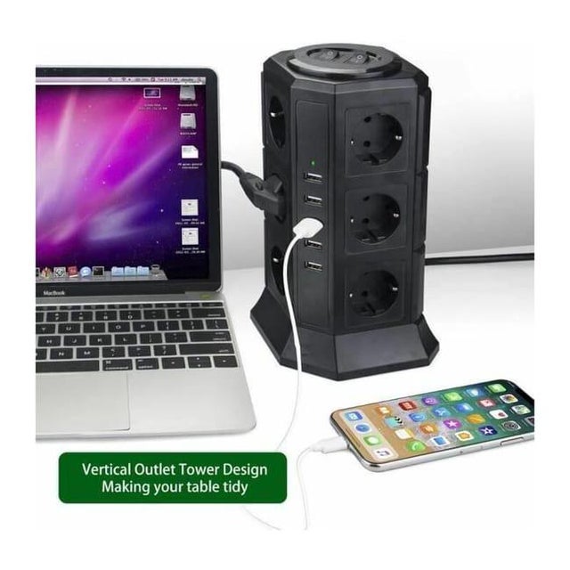 Tour Multiprise Parasurtenseur Parafoudre 12 Prises avec 5 USB 4,5A Ports BLEOSAN - Cordon de 2m - Noir
