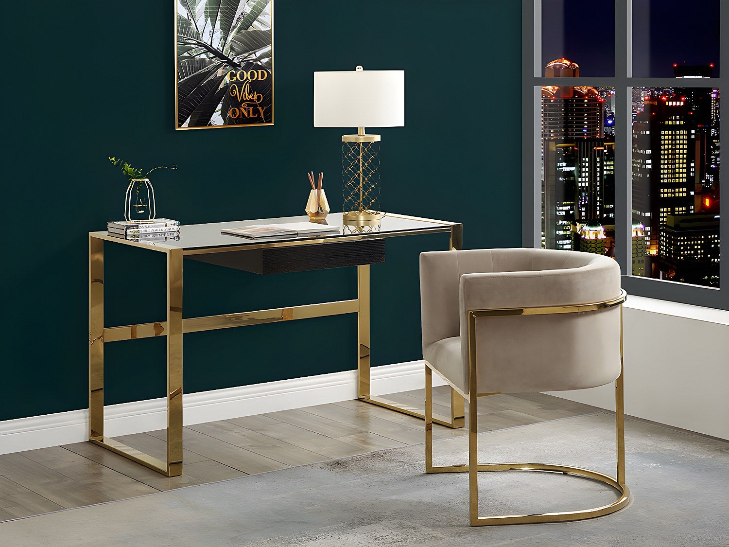 Zestaw 2 krzeseł z podłokietnikami PERIA marki Pascal Morabito – welur i metal – kolor beżowy i złoty