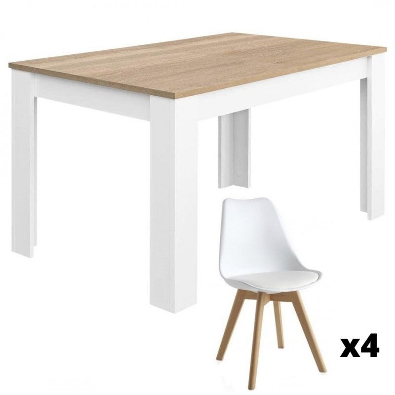 Mobelcenter , Conjunto Mesa Comedor Extensible Kendra + 4 Sillas, Mesa Artik Y Roble Canadian, Sillas Y Patas De Madera En Haya(P0031) Blanco , Leroy Merlin