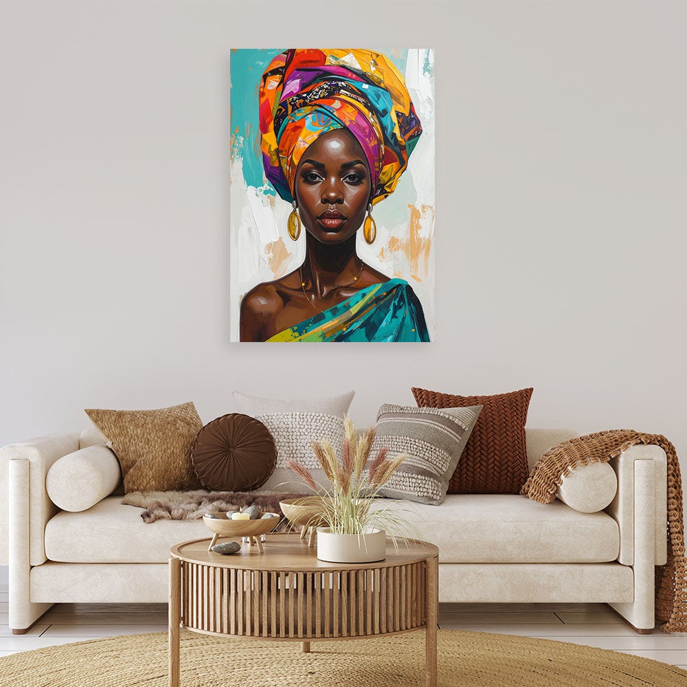 Obraz do salonu sypialni biura, Kolorowy Portret kobiety w turbanie glamour 70x100 - 2