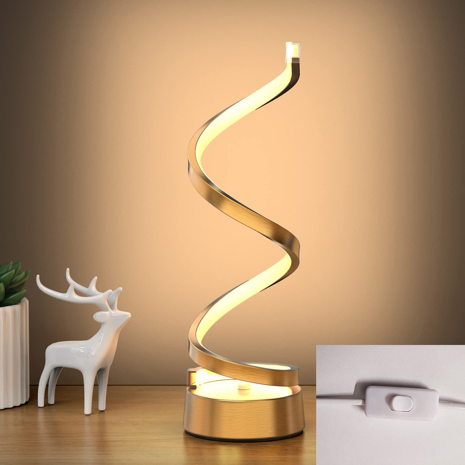 Spiralna lampa stołowa LED Gold Infinity, metalowa lampka nocna ze ściemniaczem, 3 temperatury barwowe, lampa dekoracyjna do domu