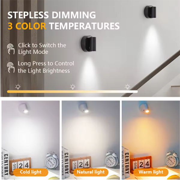 Lámpara de pared táctil regulable, foco magnético inalámbrico, rotación de 350°, recargable, ideal para cocina y dormitorio (negro) - 3