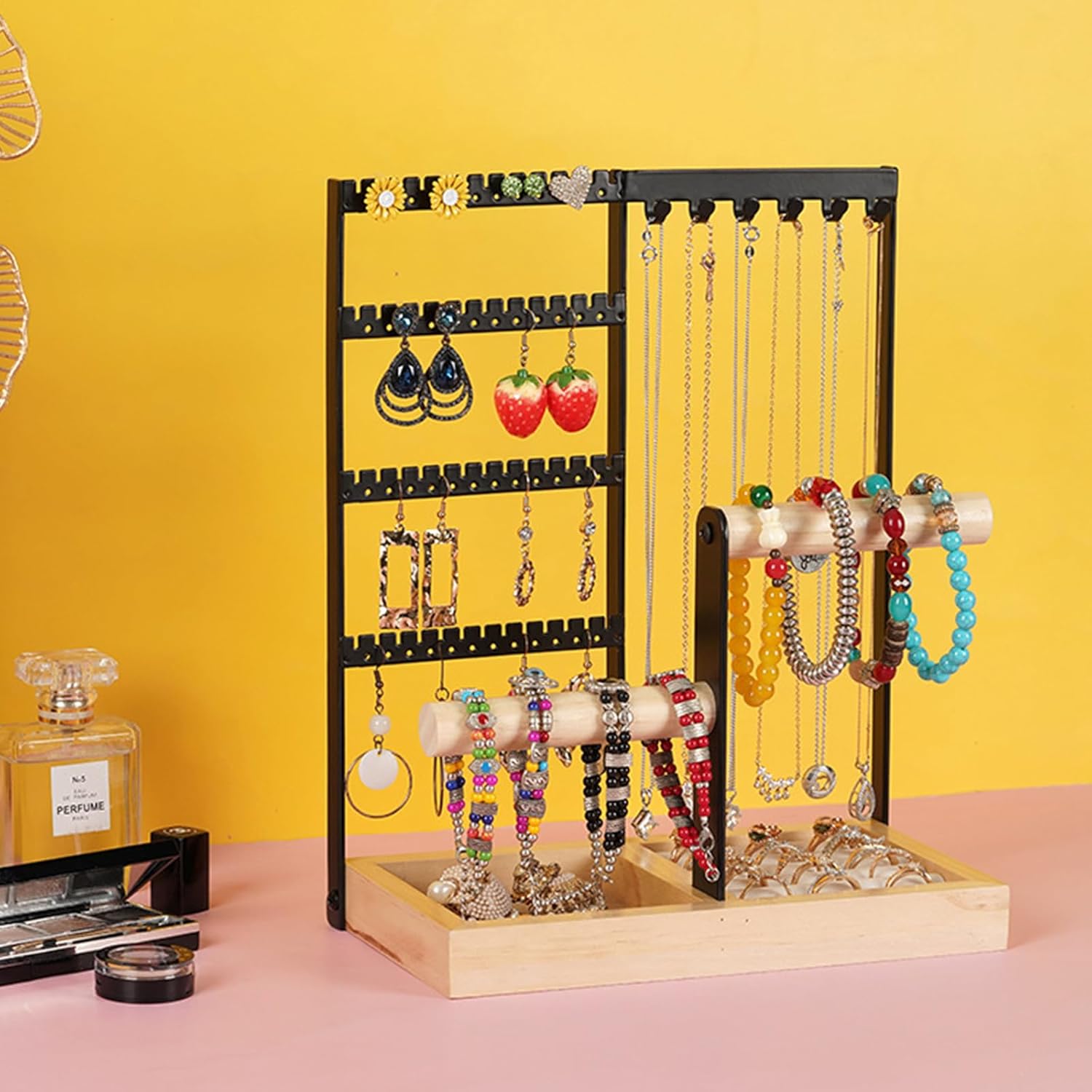Porte Bijoux Présentoir à Bijoux en Metal et Bois Durable,Porte-Bijoux avec Plateau et Crochets,porte collier,Rangement Bijoux pour Chaînes - 5