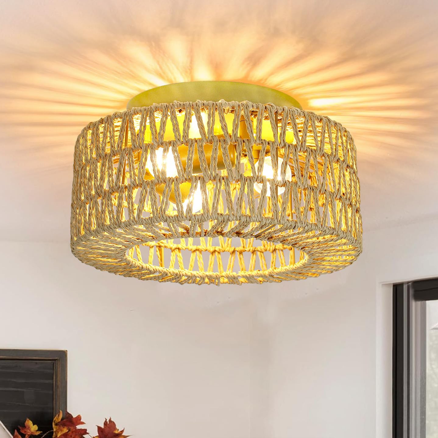 Lampa sufitowa rattanowa, żyrandol w stylu boho, lampa wisząca z żarówką, żyrandol sufitowy w stylu wabi-sabi, 3 temperatury barwowe (3000K–6000K) - 2