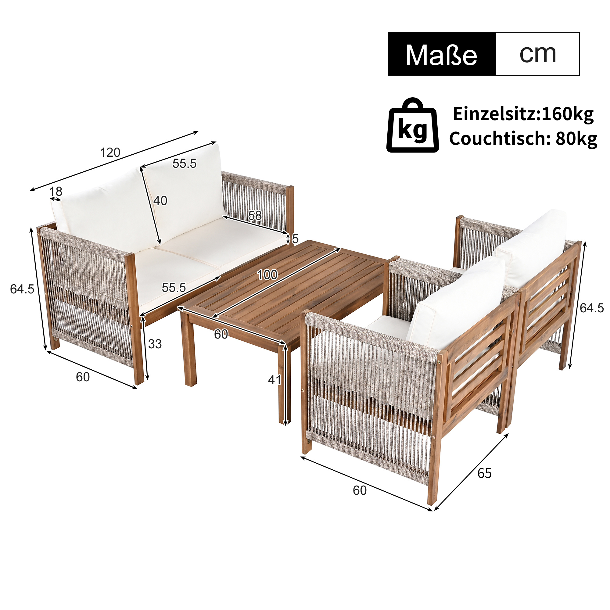 Zestaw mebli ogrodowych ze stali dla 4 osób – sofa – 2 fotele i stolik kawowy – z plecionej liny i drewna akacjowego – beżowy - 9