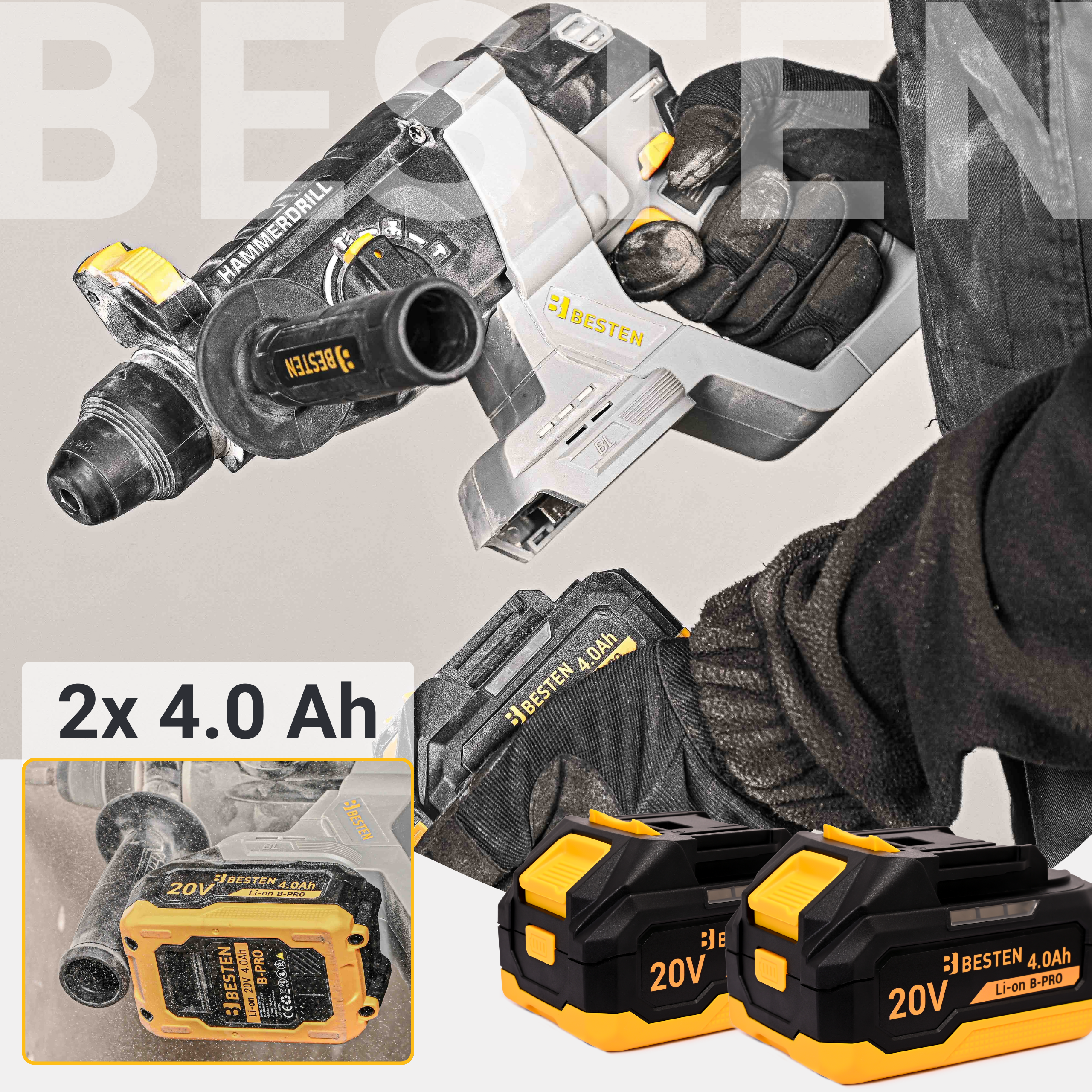 Młotowiertarka akumulatorowa SDS+ BESTEN BE0002904 20V 2J – do betonu, bezszczotkowa, 2x 4.0Ah, walizka - 9