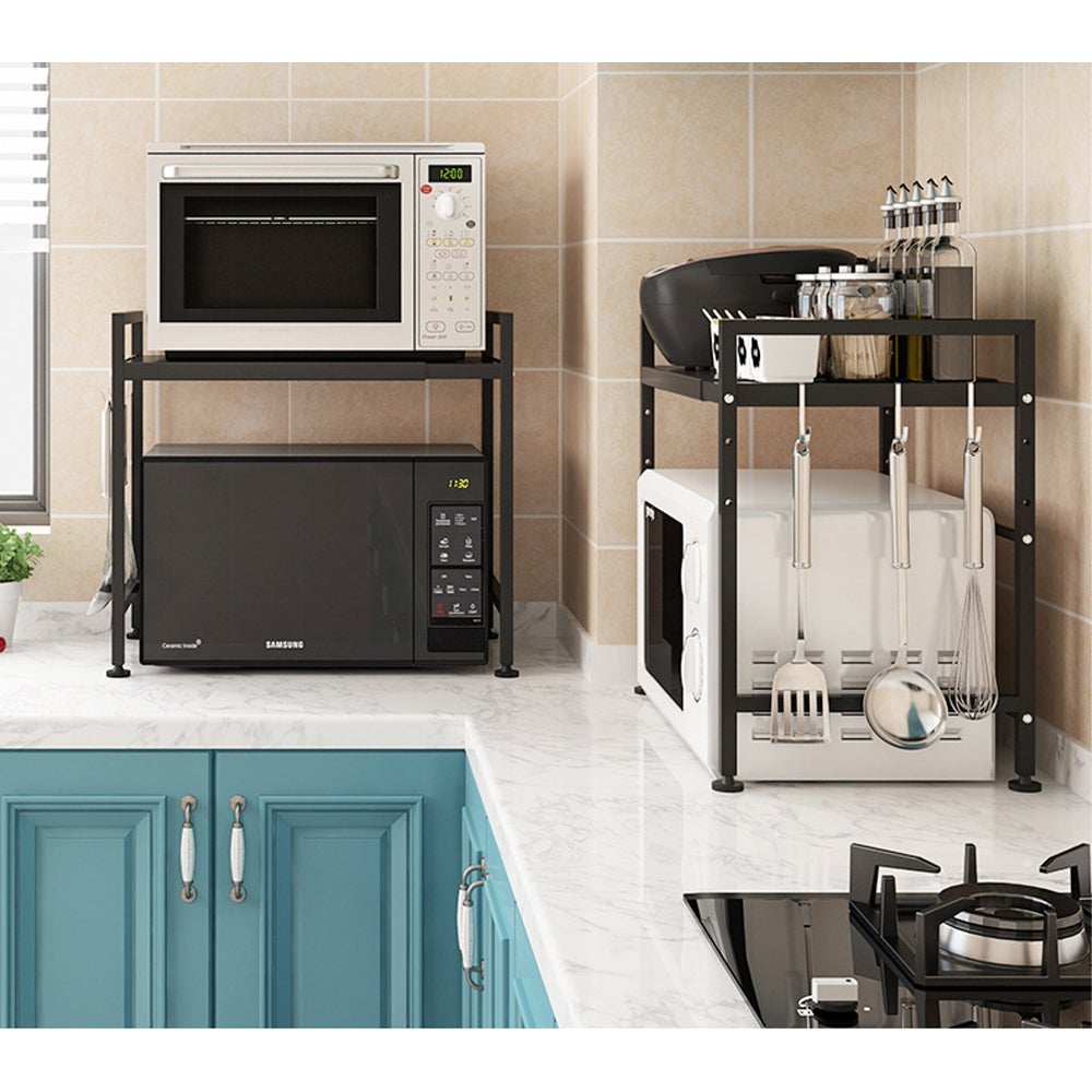 Meuble Rangement de Cuisine Support Four Micro-Ondes Extensible en Hauteur & Largeur - Noir, Acier au Carbone, 2 Niveaux d'étagère, 6 Crochets - 11