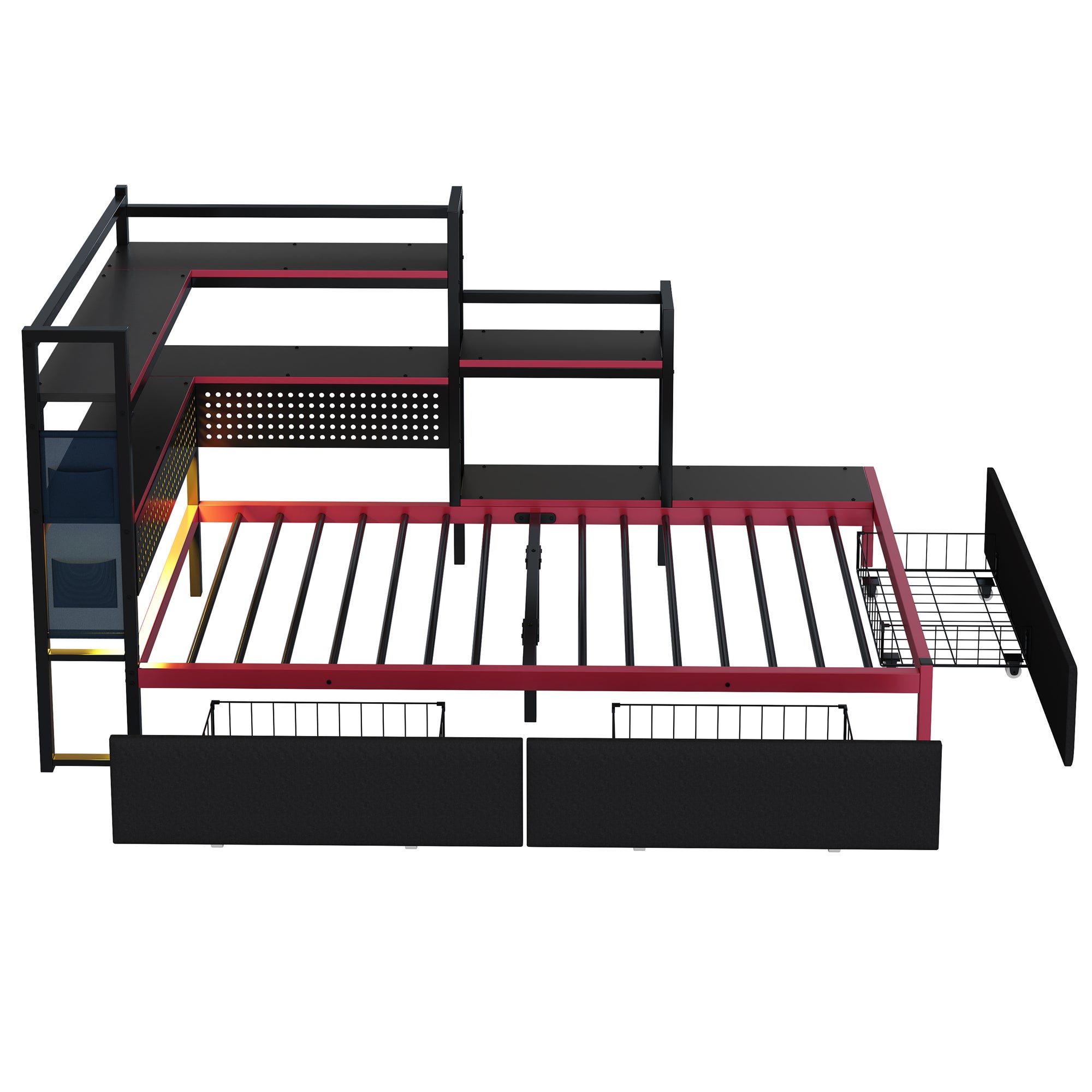 Łóżko 90 x 200 cm z 3 szufladami i półkami - Oświetlenie LED i porty USB - Metalowe - Czarne (Materac nie jest w zestawie) - 9