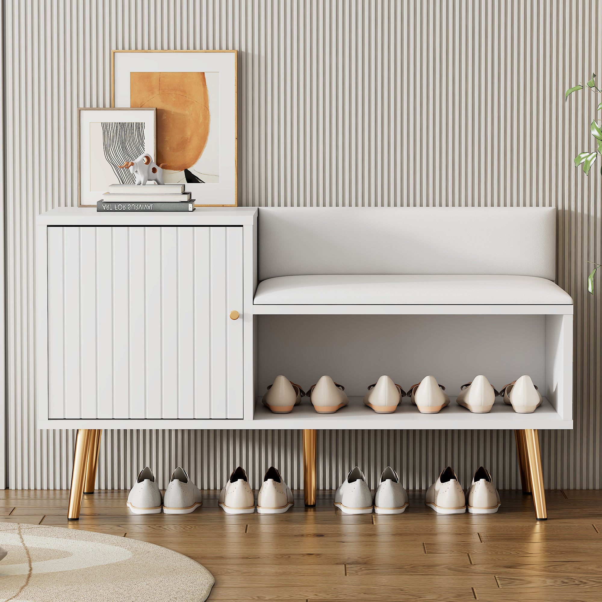 Banc coffre luxueux blanc avec rangement, siège rembourré, dossier, poignées métal, 100x40x58 cm - 5