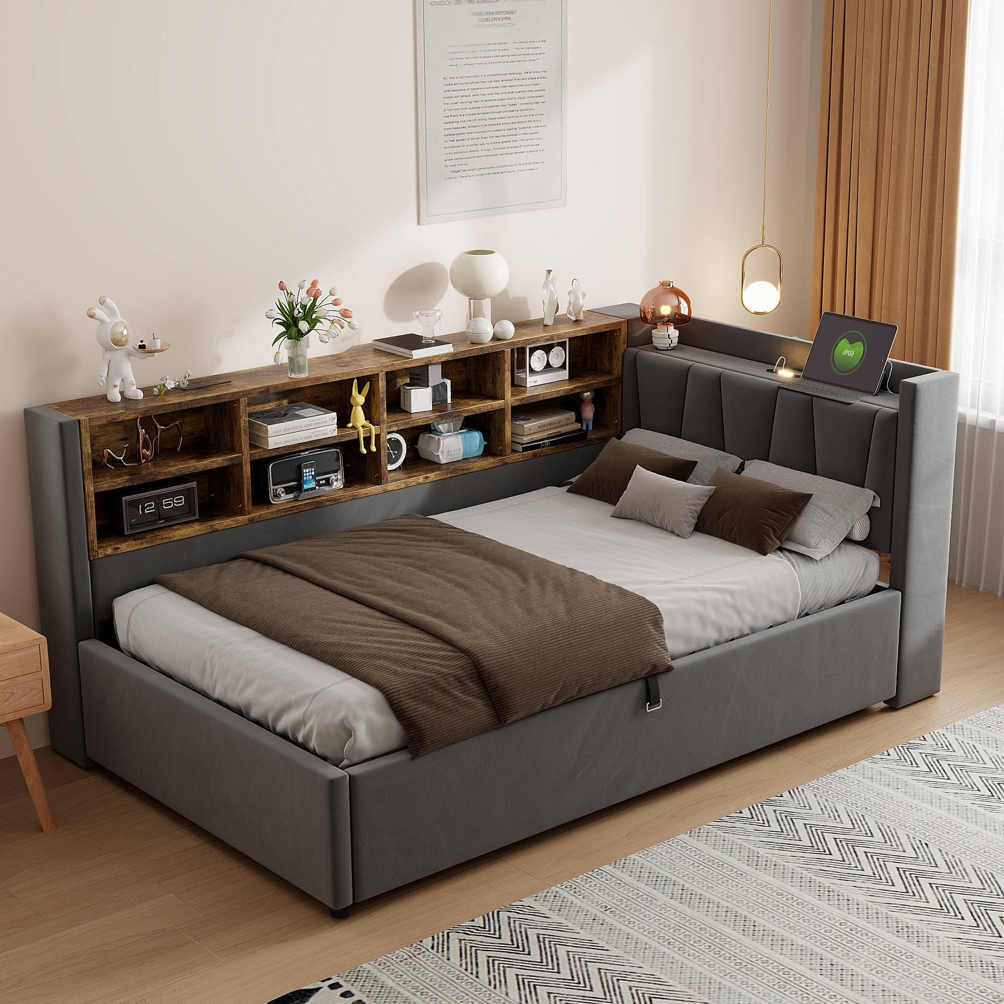 Okwish Letto Per Ragazzi 90x200 Cm Con Contenitore E Presa USB, Letto Estraibile 90x190 Cm, Legno Di Pino Grigio, Senza Materasso - 3