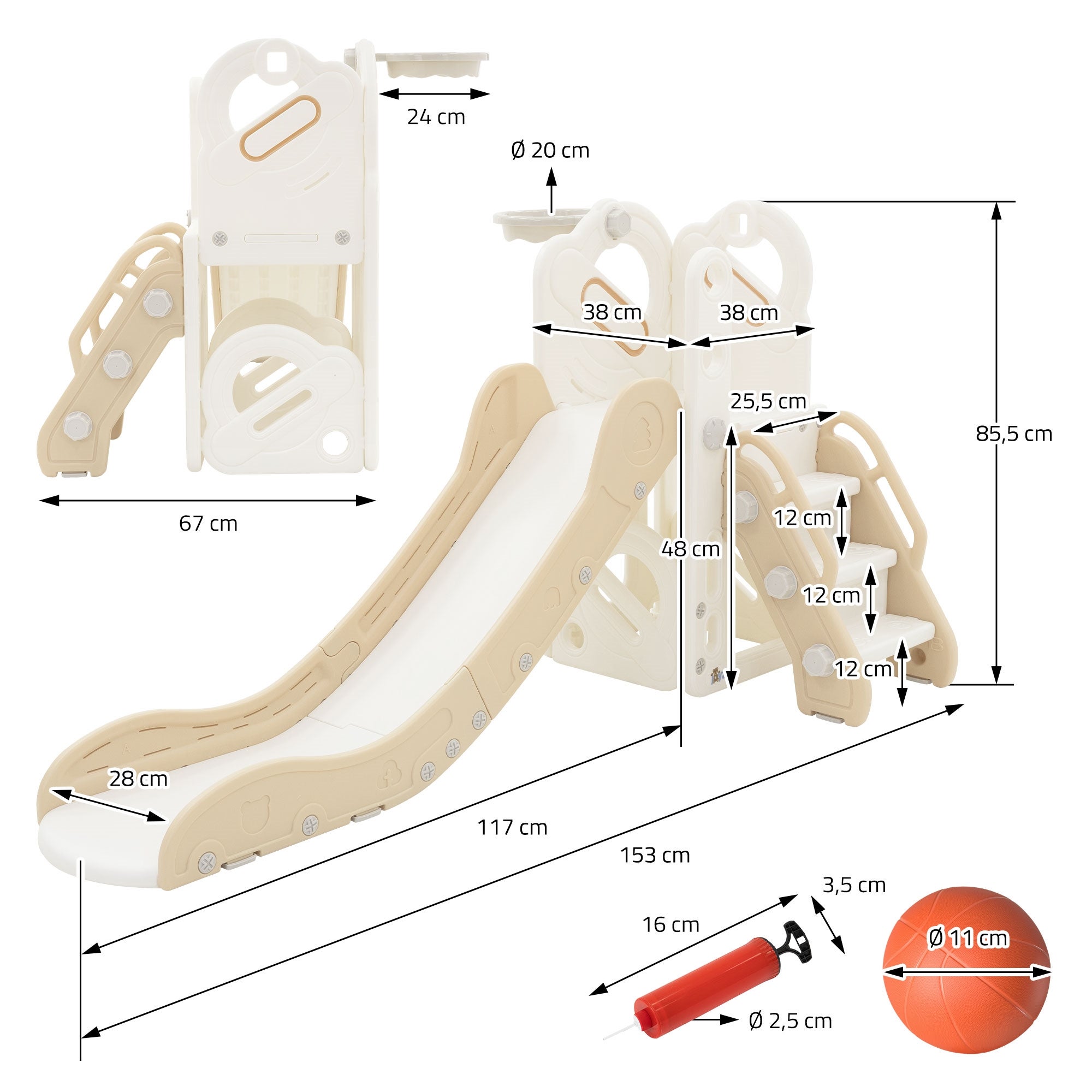 Toboggan pour enfants avec panier de basket-ball en plastique HDPE/PP blanc/beige/gris ballon et pompe à air inclus convient à partir de 3 ans - 7
