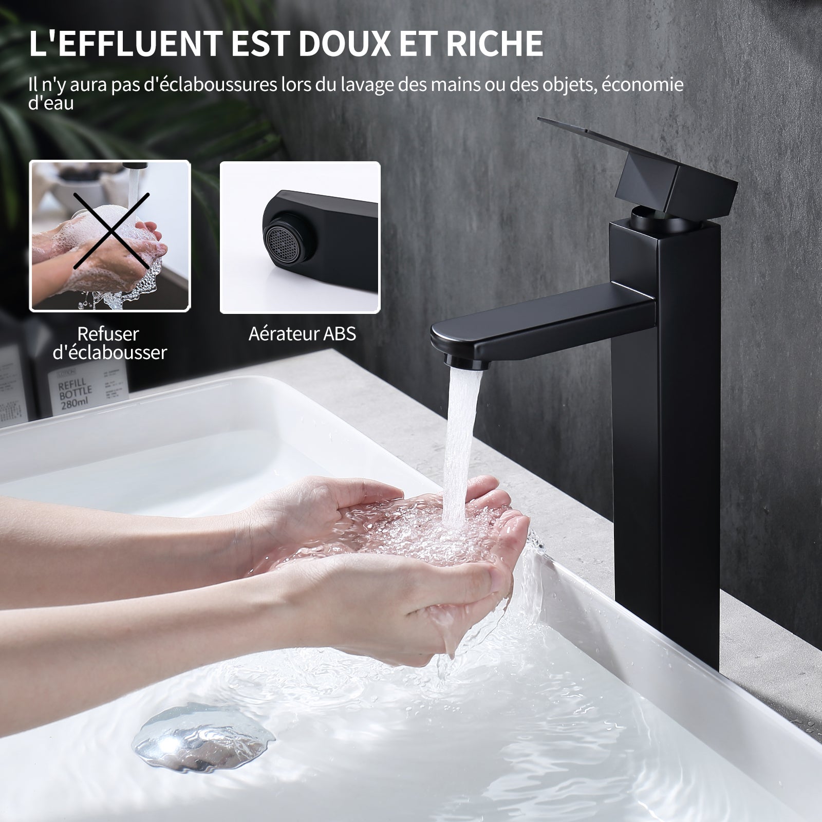 Grifo de baño negro, mezclador de baño alto para lavabo, grifo de lavabo con mango cuadrado, diseño moderno - 5