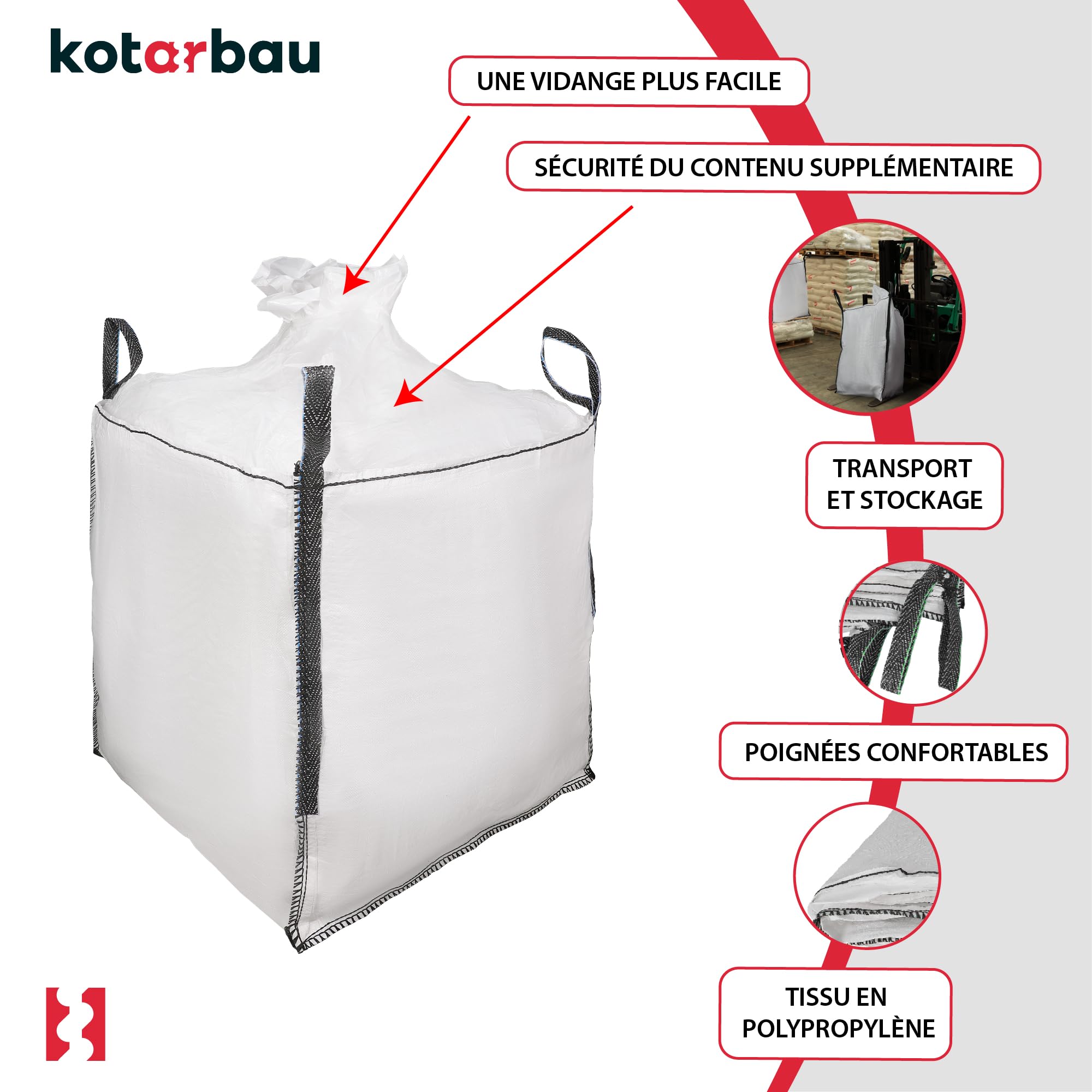 Sac Big Bag Vide, Sac Gravat Chantier 90x90x90 cm 500 kg avec trémie de vidange et goulotte - KOTARBAU - 4