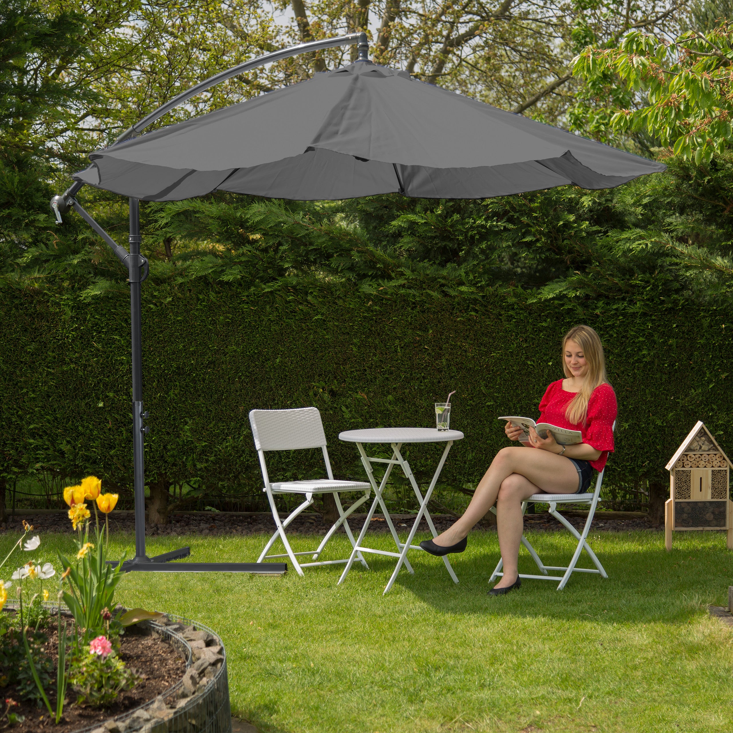 Parasol de jardin déporté, manivelle, ∅ 300 cm, housse de protection, inclinable, stable, XXL, socle, gris, Relaxdays - 3