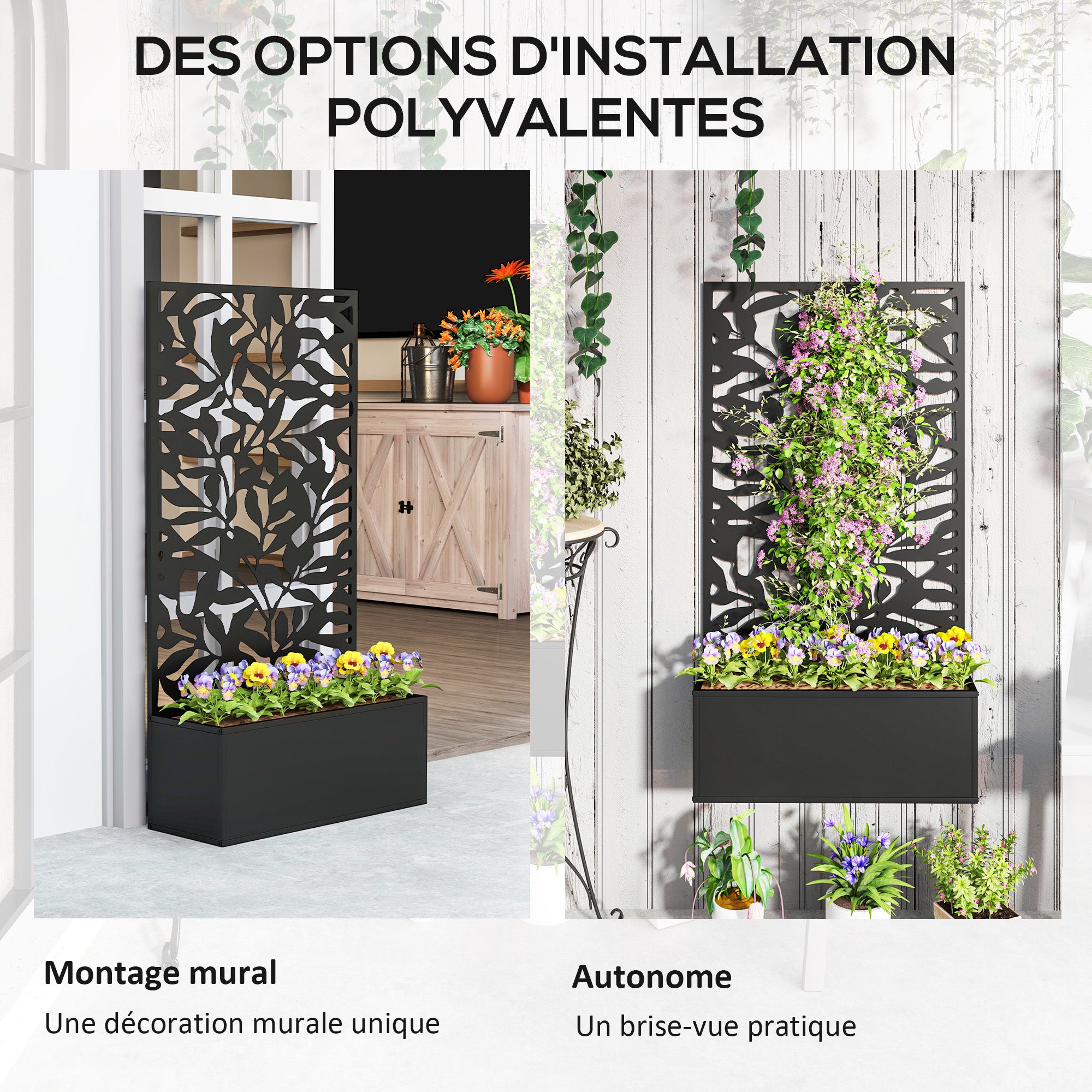 Jardinière avec treillis bac à fleurs rectangulaire grande taille panneau d'intimité métal 61 x 23 x 113 cm noir - 6