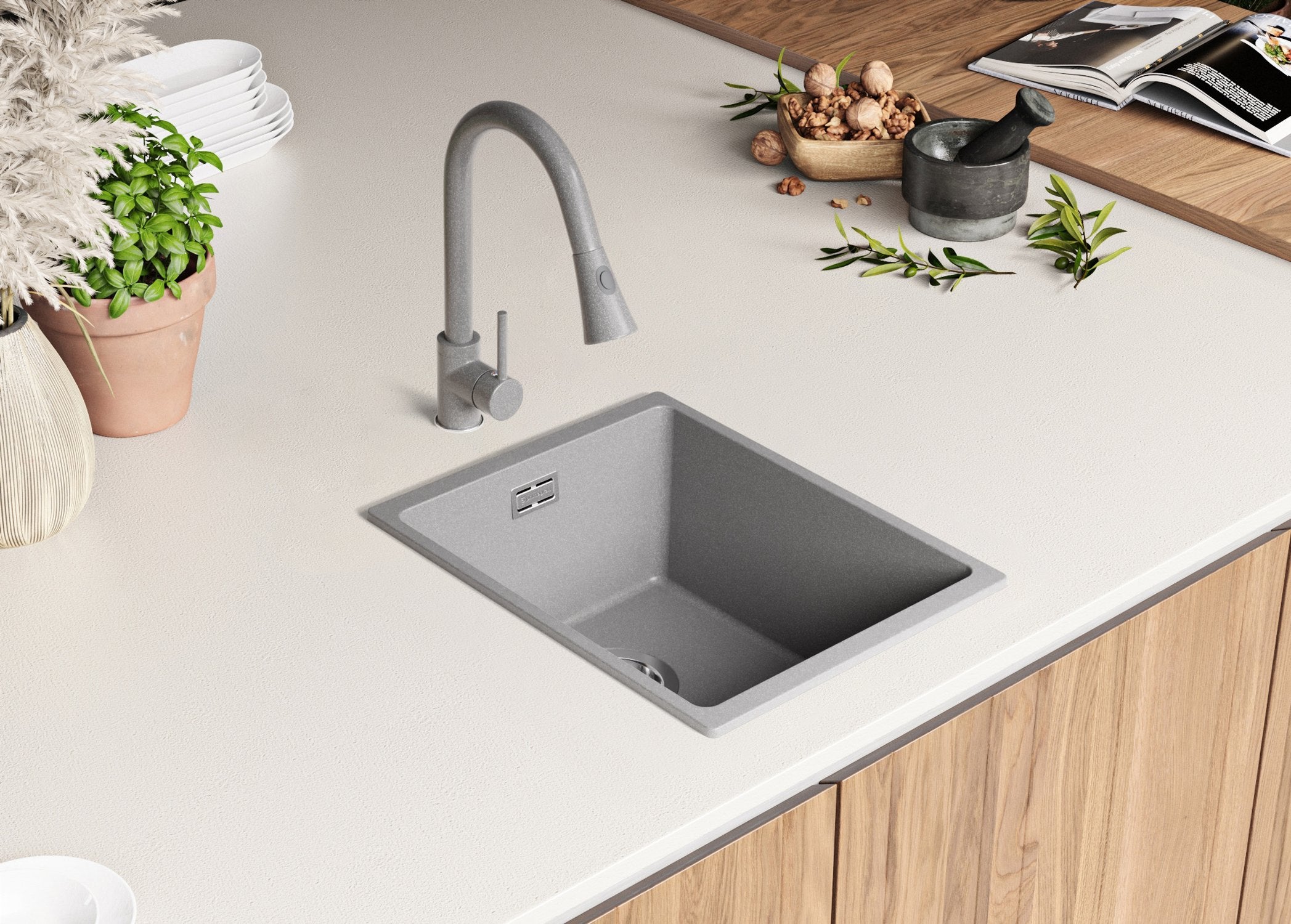 Evier Cuisine en Granit Gris 36x47cm, Lavabo 1 bac + Kit de Vidage, Évier à Encastrer au meuble 40cm - London Slim PRIMAGRAN - 8