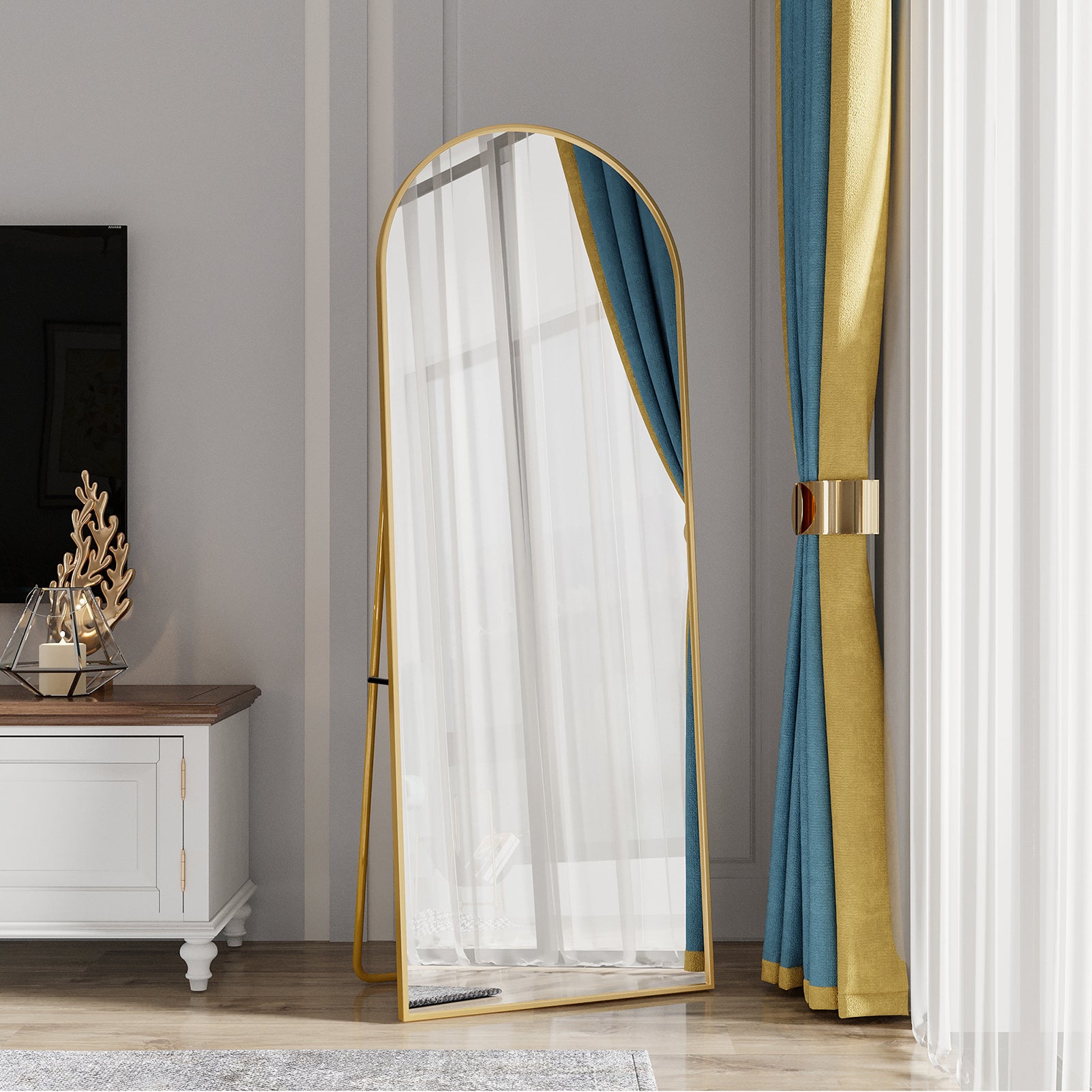 Miroir sur pied 162 x 53 cm–Miroir sur pied incurvé au cadre en alliage d’aluminium,idéal pour chambre,dressing,salon–Design moderne,doré - 2