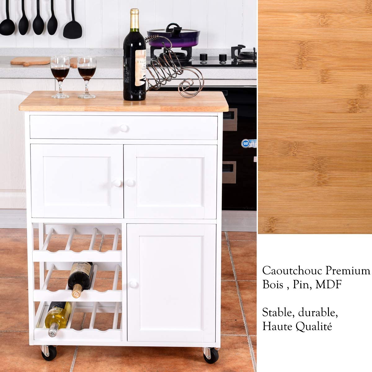 Carrello Da Cucina Con 3 Ante, Cassetto E 3 Portabottiglie - Mobile Con Ruote Per Cucina, Sala O Ristorante, Bianco - Foto 7