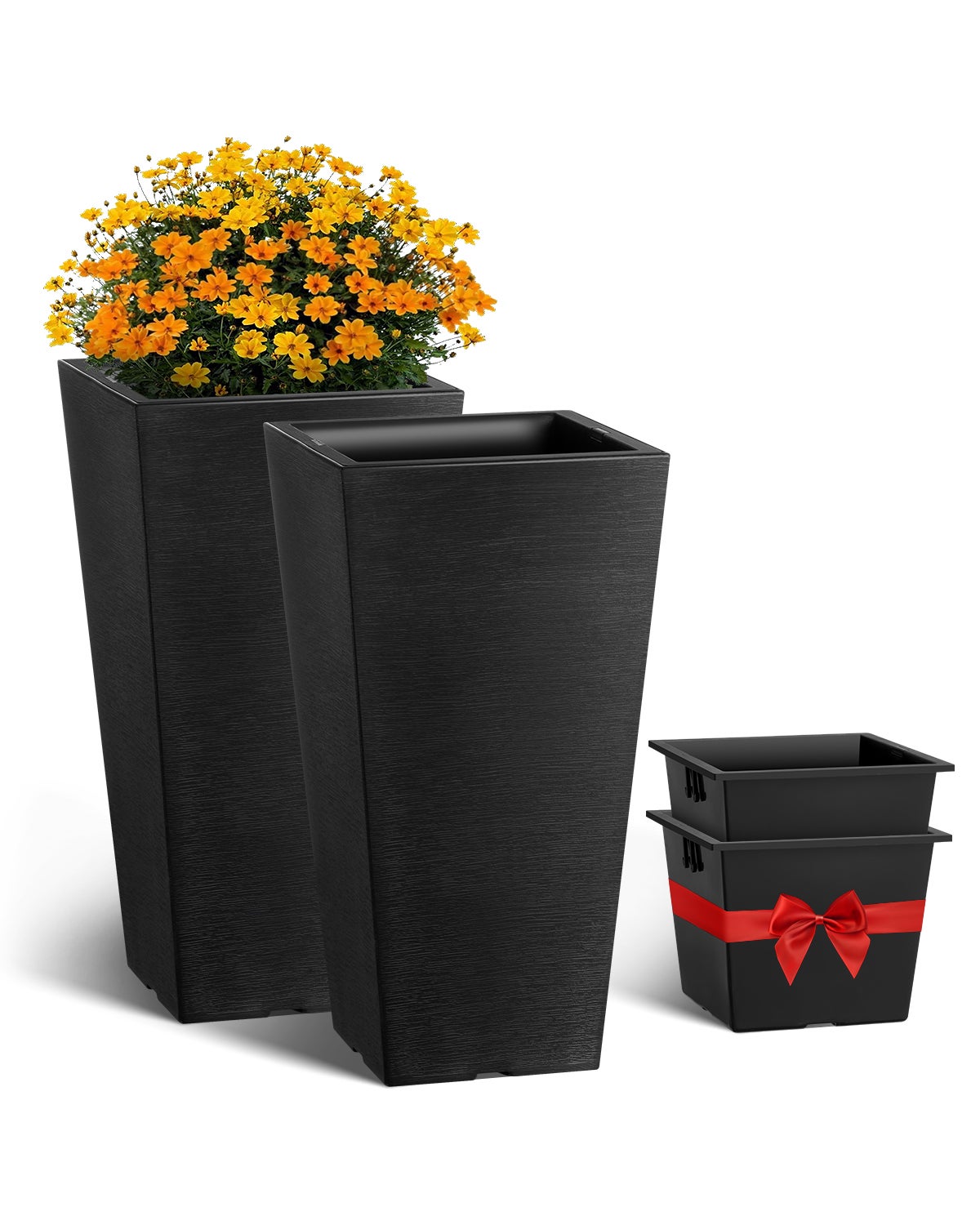 Omysa Fioriera Con Supporto In Legno Di Noce, Vaso In Ceramica Bianca 25,4 Cm, Con Foro Di Drenaggio, Moderno Per Piante Da Interno - 3