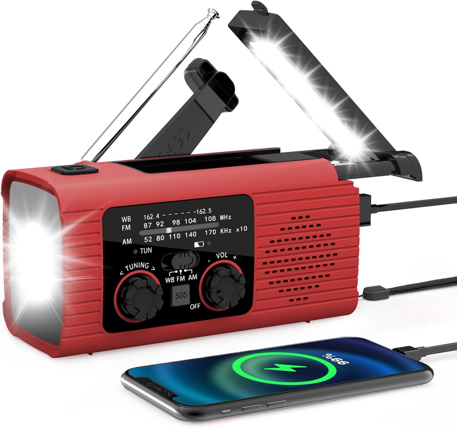 Uniwersalne czerwone radio AM/FM/NOAA zasilane energią słoneczną z korbką USB, alarmem SOS i światłem LED do podróży, biwakowania i przetrwania