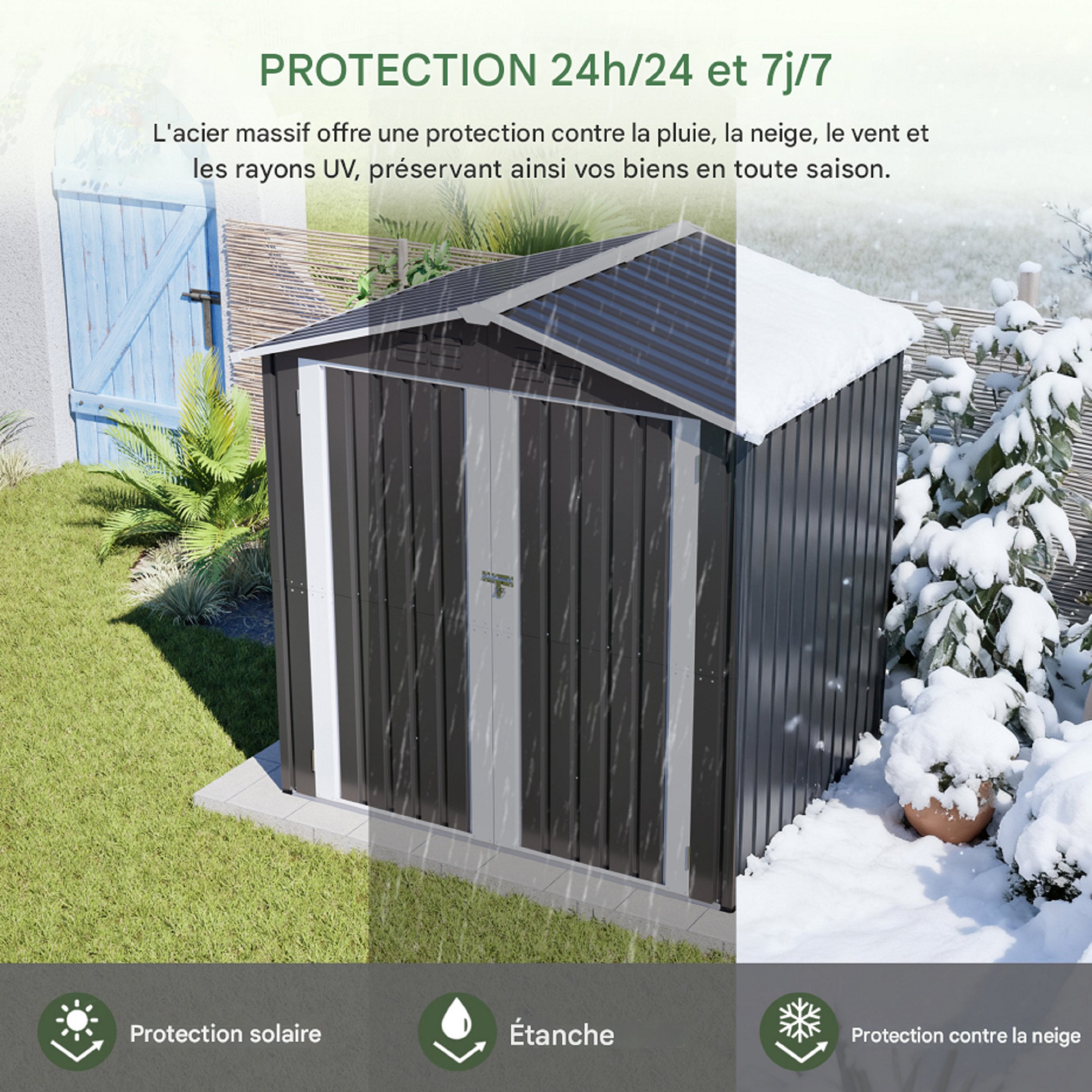 Abri de jardin en métal, dimensions142x185cm,avec trous de ventilation,comprenant une base en métal et une porte verrouillable. Gris - 8