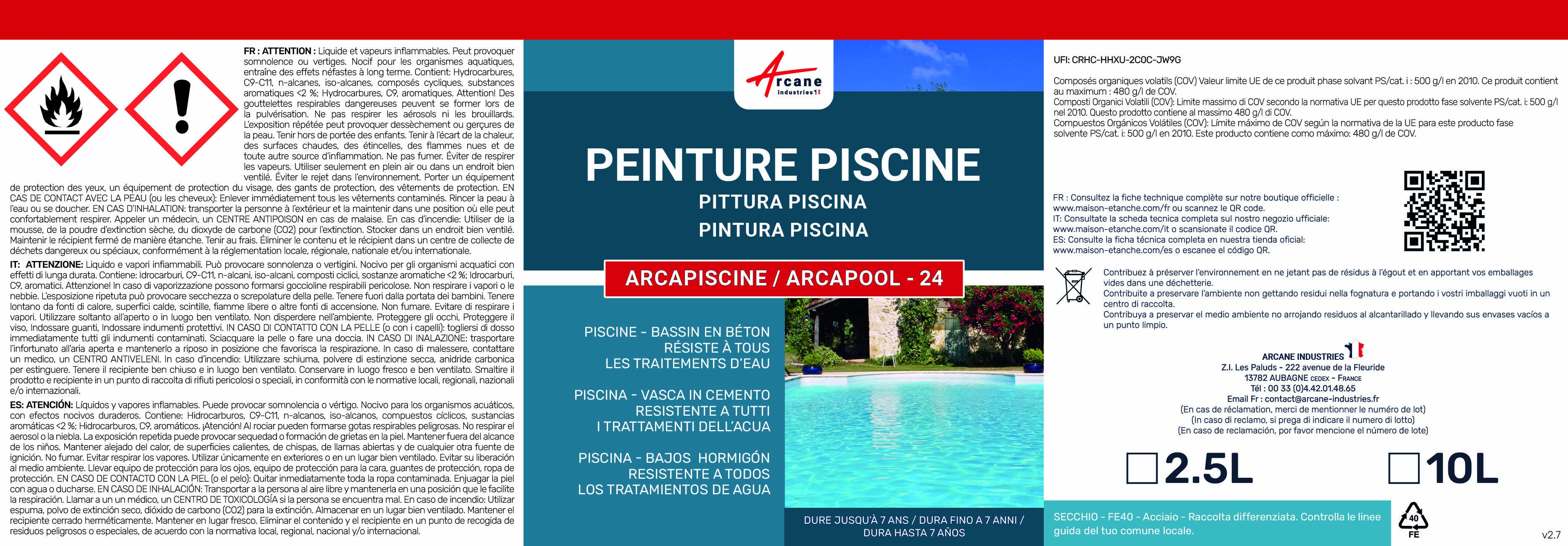 PEINTURE PISCINE BÉTON - 12 Couleurs - HAUTE RESISTANCE 7 ans - ARCAPISCINE Jaune Sable - RAL 1002 - 2.5 L - ARCANE INDUSTRIES - 10