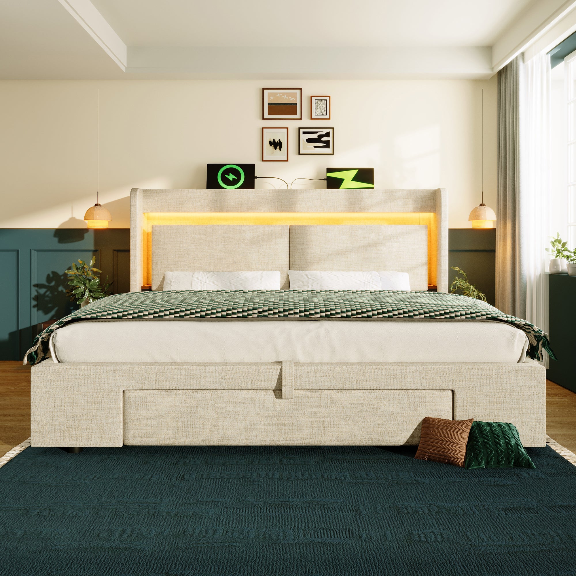 Łóżko z pojemnikiem 160 x 200 cm, zagłówkiem i 1 szufladą - Tkanina lniana - Diody LED oraz porty USB i typu C - Beżowe - 9