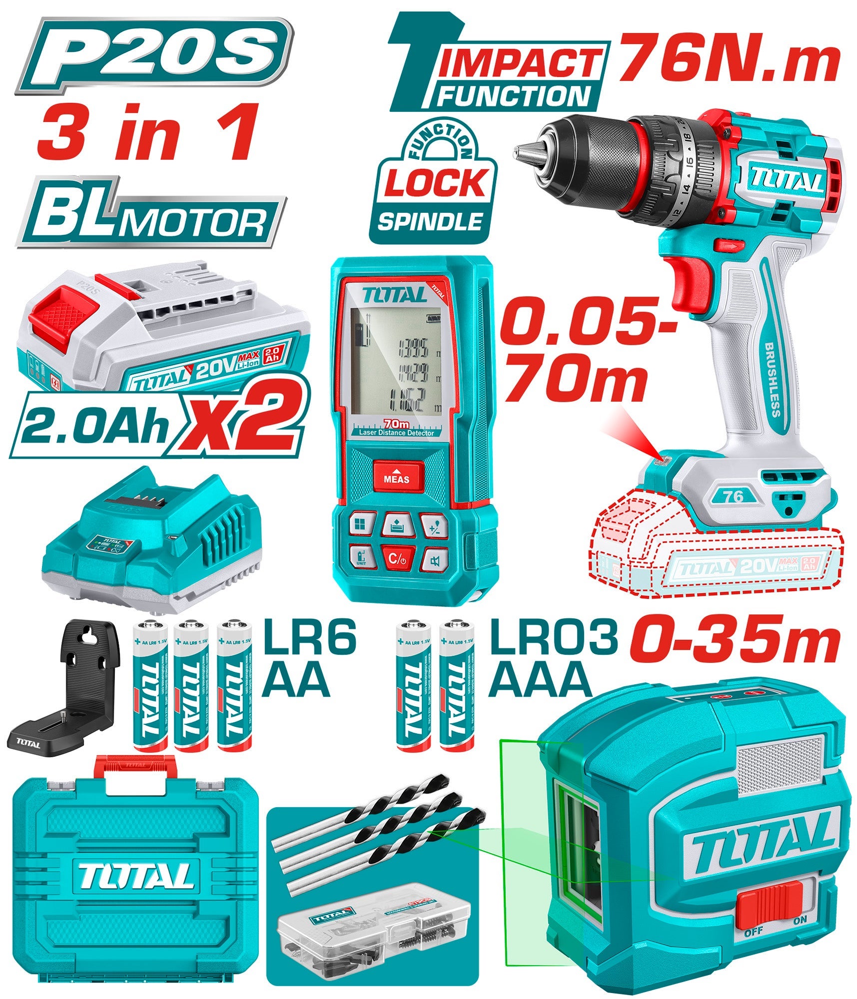 Kit scule TOTAL 20V, Masina de gaurit cu impact, Nivela laser verde si Telemetru laser 70 m, include 2 acumulatori 2 Ah si incarcator