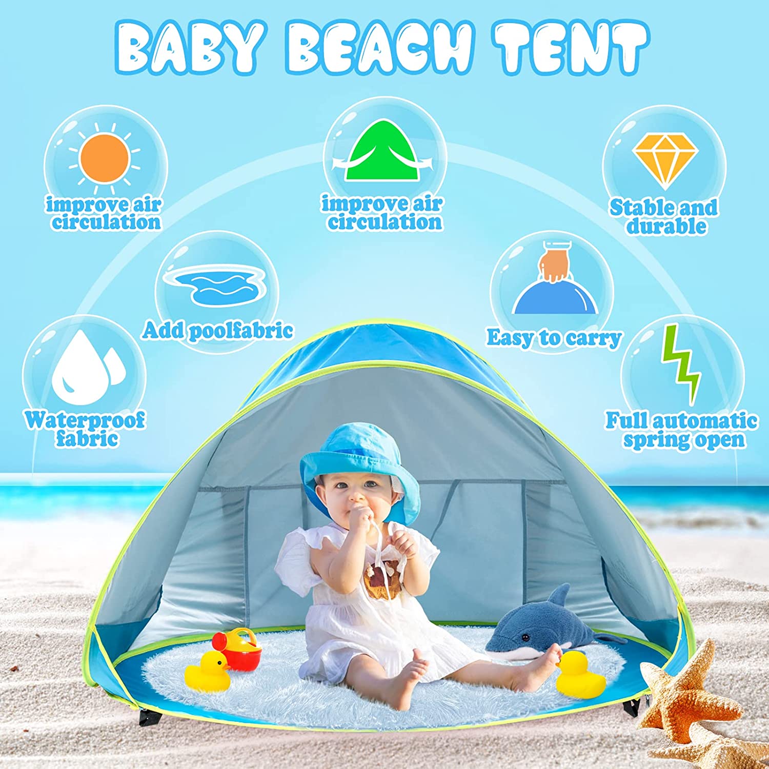 Tenda de praia para bebés Tenda de praia Pop Up portátil para proteção solar Piscina Proteção UV Dossel de sombra para bebés - 5