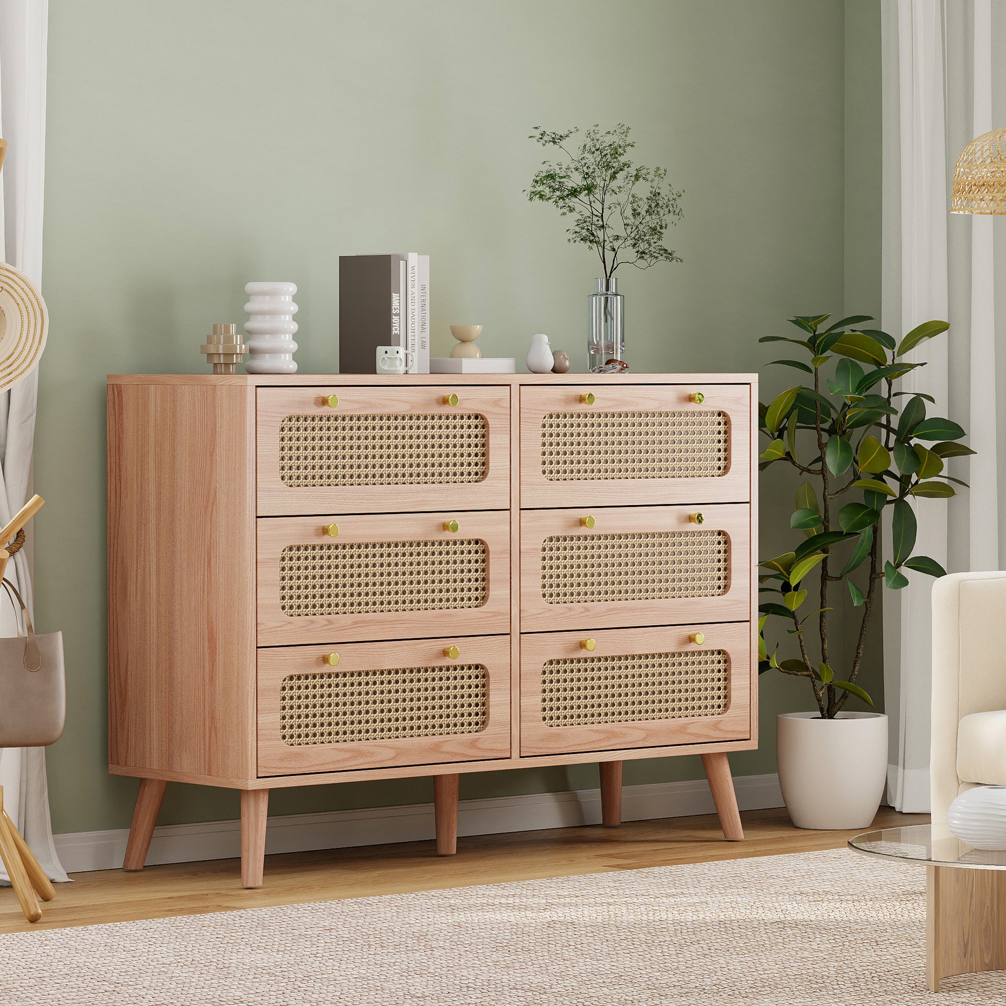 Commode en cannage - 6 tiroirs poignées en métal - pieds hauts bois - conception anti - basculement - 100x73x34 cm - couleur bois naturel - 2