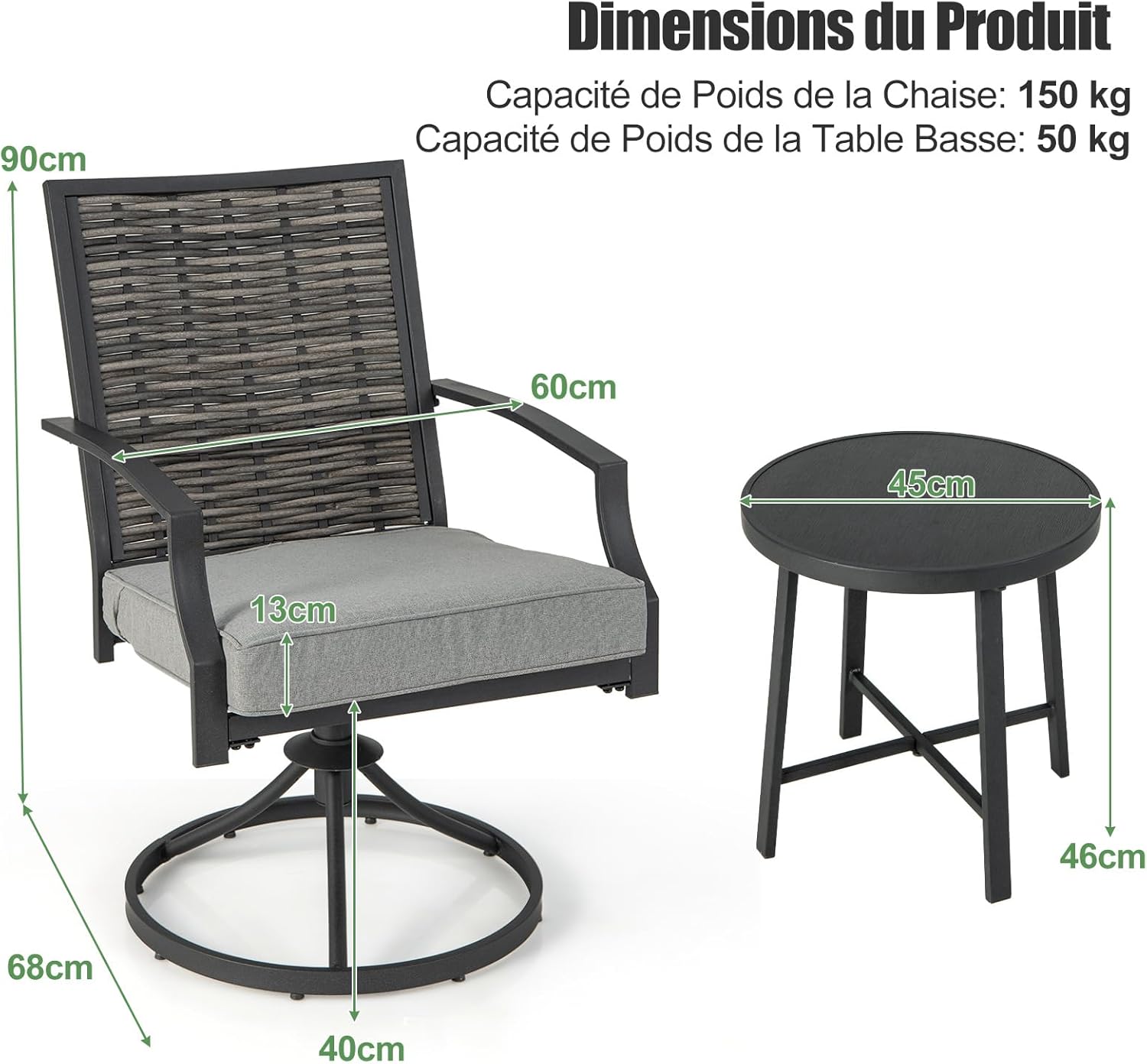 Set Salotto da Giardino in Rattan PE, Set da Esterno con 2 Poltrone Girevoli, 2 Cuscini e Tavolo, Set Attedo Giardino Struttura in Ferro, per - 5