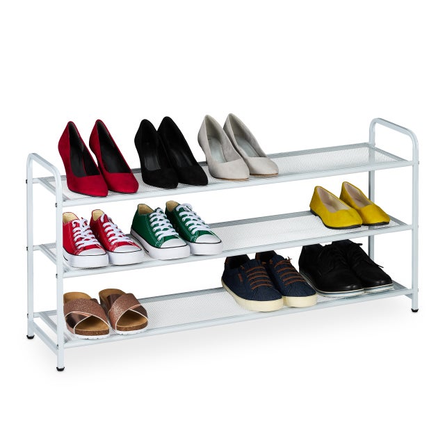 Relaxdays Zapatero, 12 Pares Zapatos, 3 Baldas, 48x100x25,5 cm, Soporte Metal Calzado, Estrecho, para Pasillo, Blanco