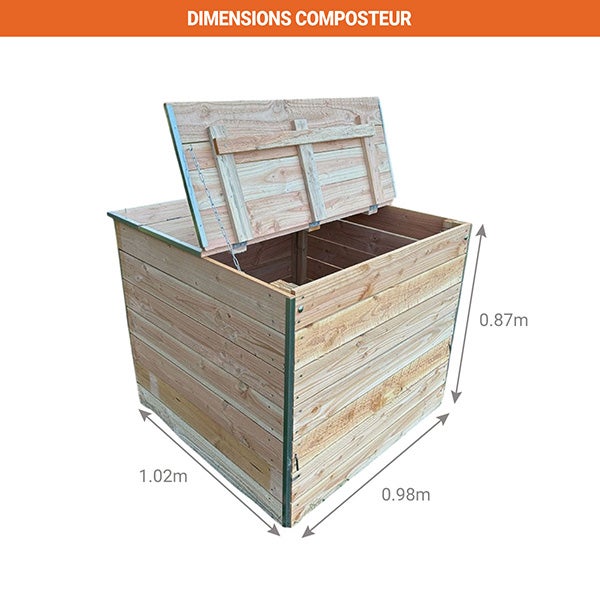 Composteur en bois 800 litres pour jardin - (LxlxH) 1020 x 980 x 870 mm - C090023 - 2