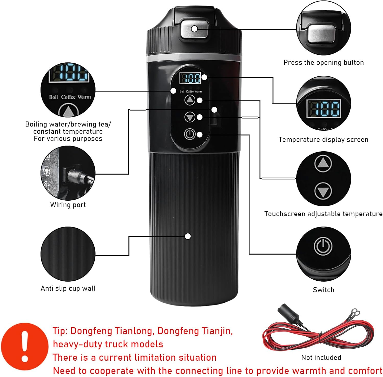 Czajnik elektryczny samochodowy 12V/24V 500ml z ekranem LCD, czajnik turystyczny z wtyczką do zapalniczki 12V - 4