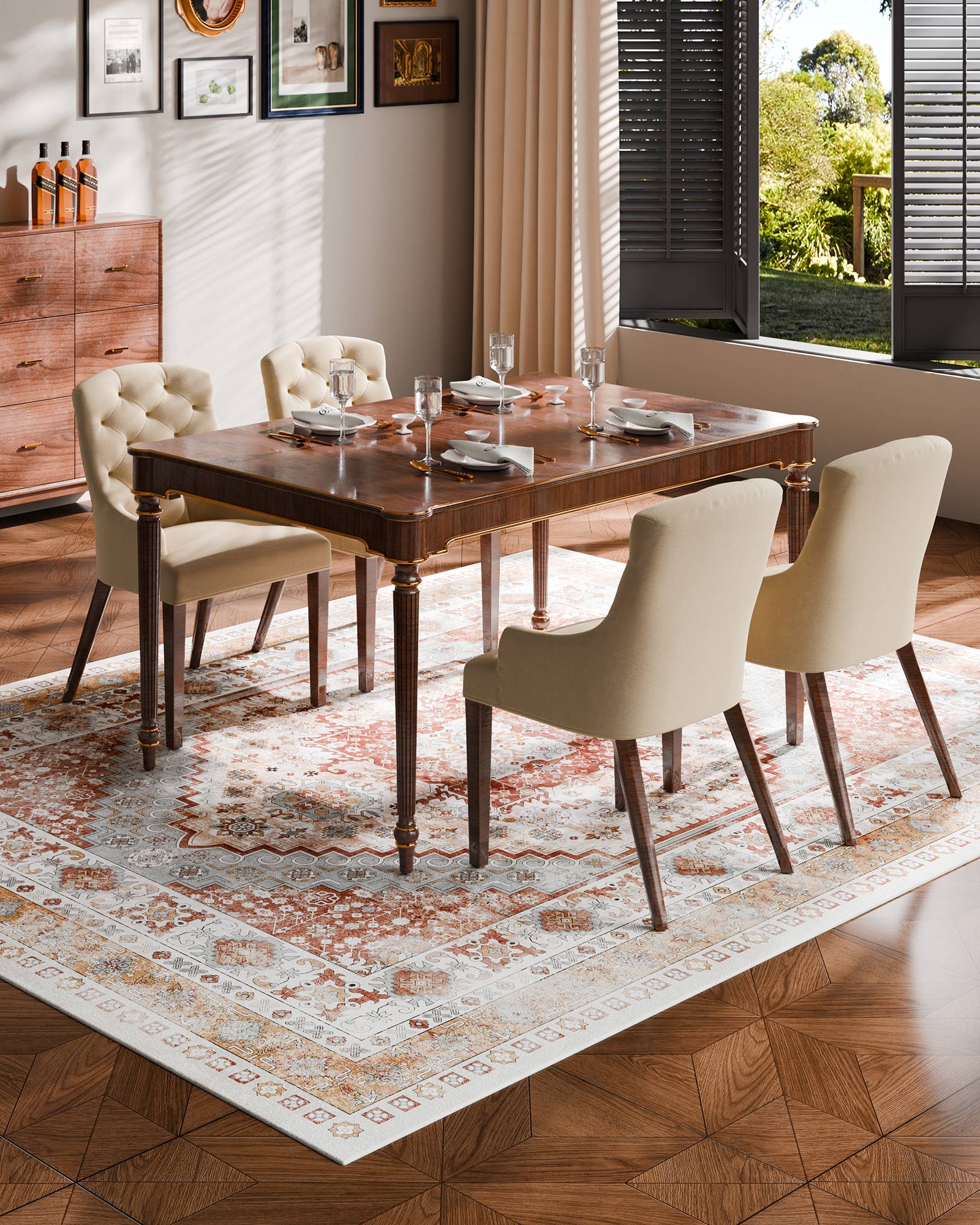Tapete VEVOR, 2,4 x 3 m, resistente a riscos de animais de estimação, macio, estilo vintage, para quarto, escritório, corredor, castanho e vermelho - 5