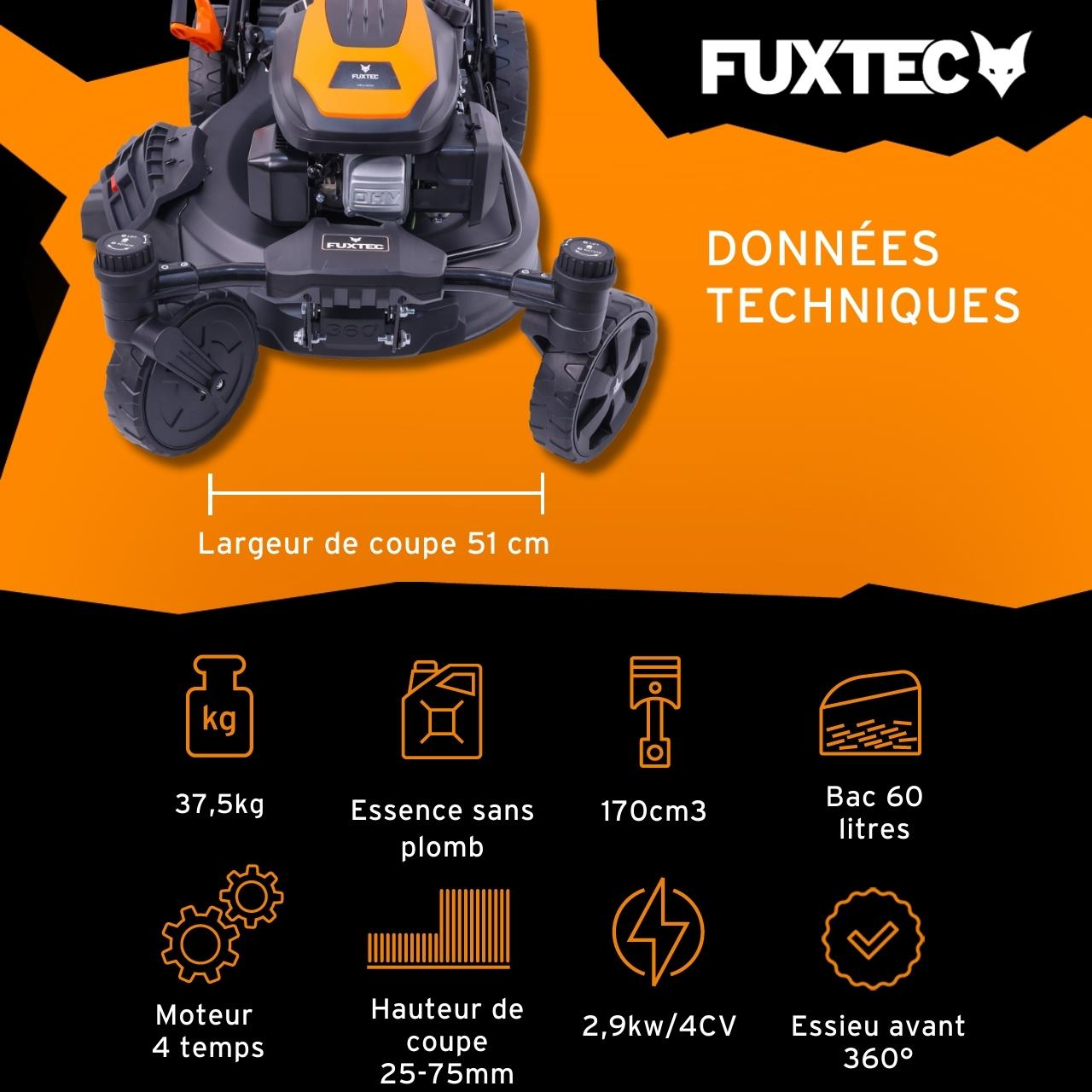 Tondeuse à gazon thermique autotractée FUXTEC FX-RM5170agile – 51 cm – 170 cm³ – 60L – Roues pivotantes – Easy Clean – Mulching - 3