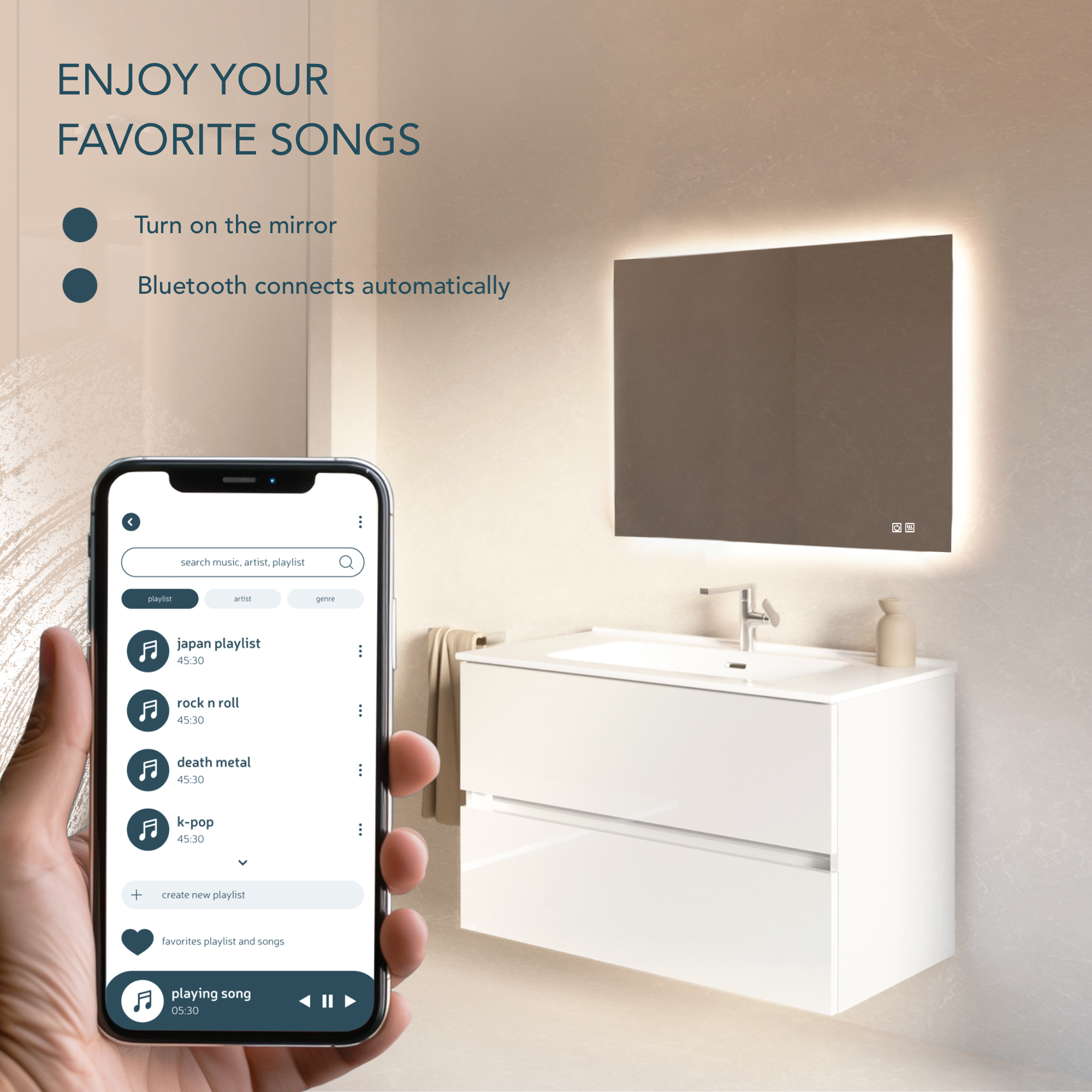 Feel Your Bath Espejo Bluetooth de Baño Rectangular, con Luz LED Regulable, 90x70cm, con Interruptor Táctil, Antivaho y Apagado Automático - 2