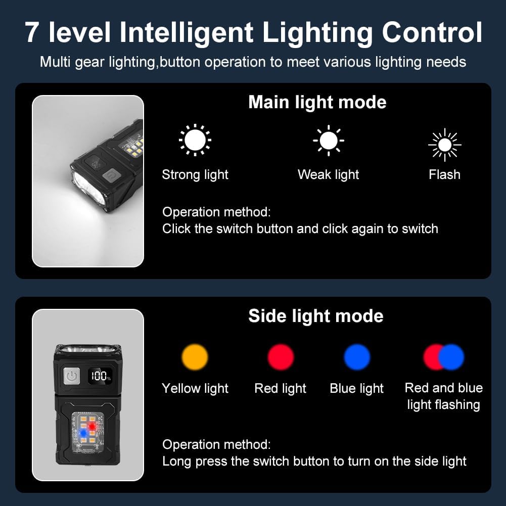 Latarka akumulatorowa o dużej mocy, miniaturowa, ultramocna latarka LED, ładowalna przez USB C, mała latarka EDC, 7 trybów, wodoodporna, z klipsem - 2