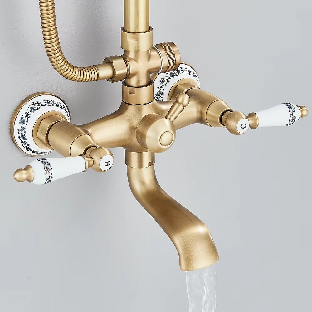 Colonna doccia in ottone anticato, set rubinetto doccia con portaoggetti, doccia a pioggia con doccetta e bocca per vasca, altezza regolabile - 3