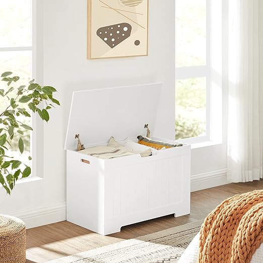 Coffre de Rangement, Banc Chaussures, avec 2 Charnières de Sécurité, Style Moderne, 40 x 76 x 48 cm, Blanc - 2