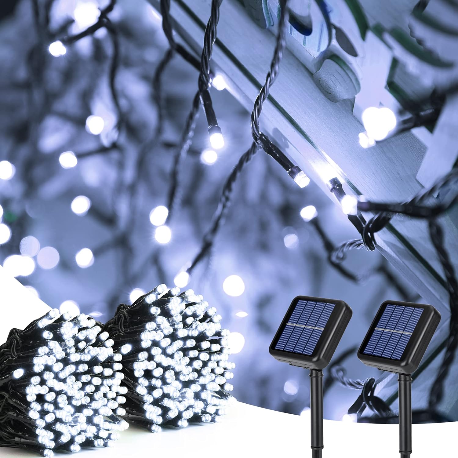 Lampki solarne, 2 łańcuchy, 22 metry, 200 diod LED, idealne do ogrodów, na imprezy, do dekoracji tarasów, chłodne białe światło