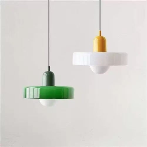 Lustre Bauhaus, abat-jour en vitrail, lumière tricolore, verre vert de 25 cm + pied de lampe rose - 6