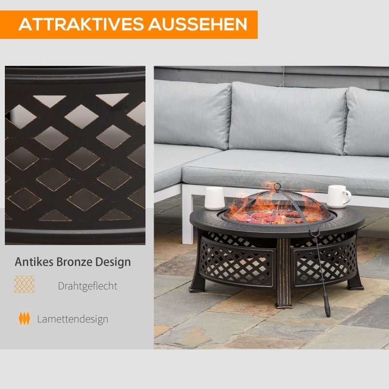 Brasero rond 81x81x50 cm en acier noir, 2-en-1 foyer extérieur et barbecue avec couvercle pare-étincelles et tisonnier - 5